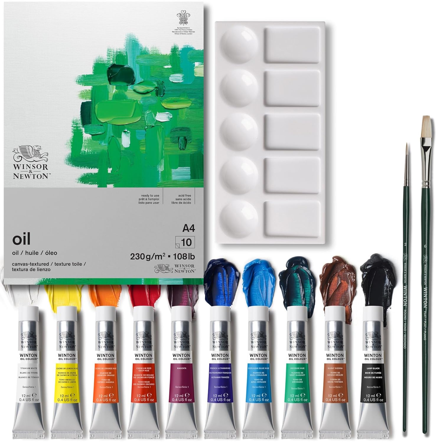 Winsor & Newton Winton Oil Colour Paint, Set of 10 x 12ml Tubes (includes 2 Brushes, Pad, Palette)