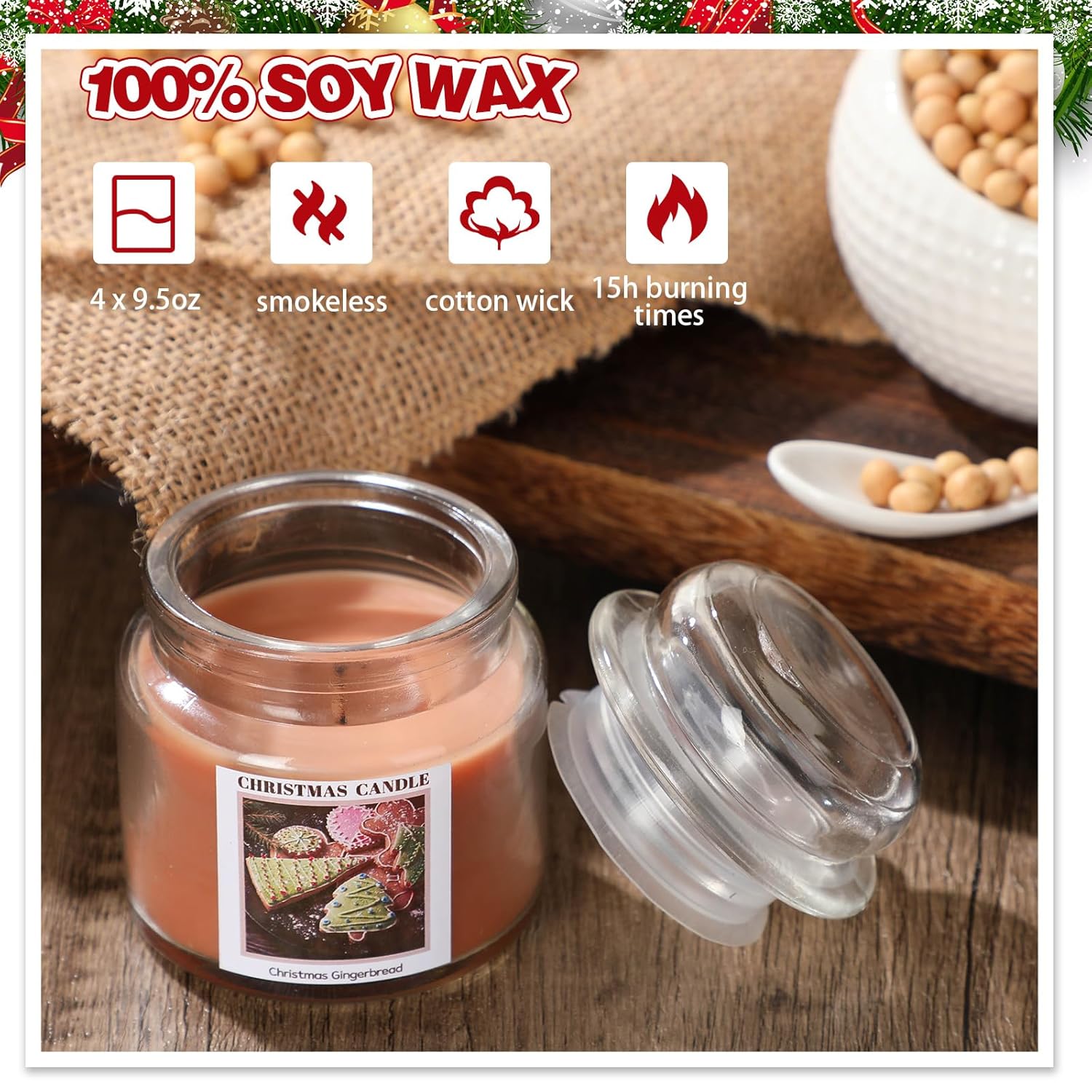 4 Pcs Christmas Candle Set Scented Candles Gift 9.5 Oz For Women Men, Xmas Scents Of Christmas Tree Cookies Spice Plums