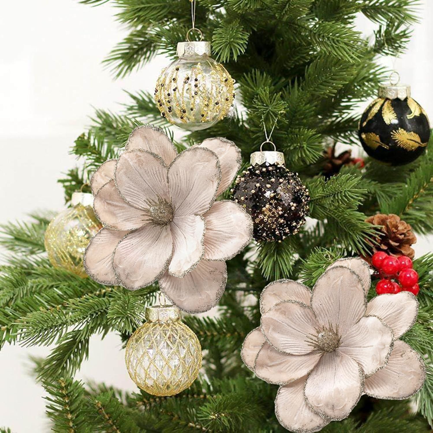Christmas Velvet Flower Magnolia Flowers Artificial Poinsettia Stems Wedding Party Decor,4Pcs (Champagne)