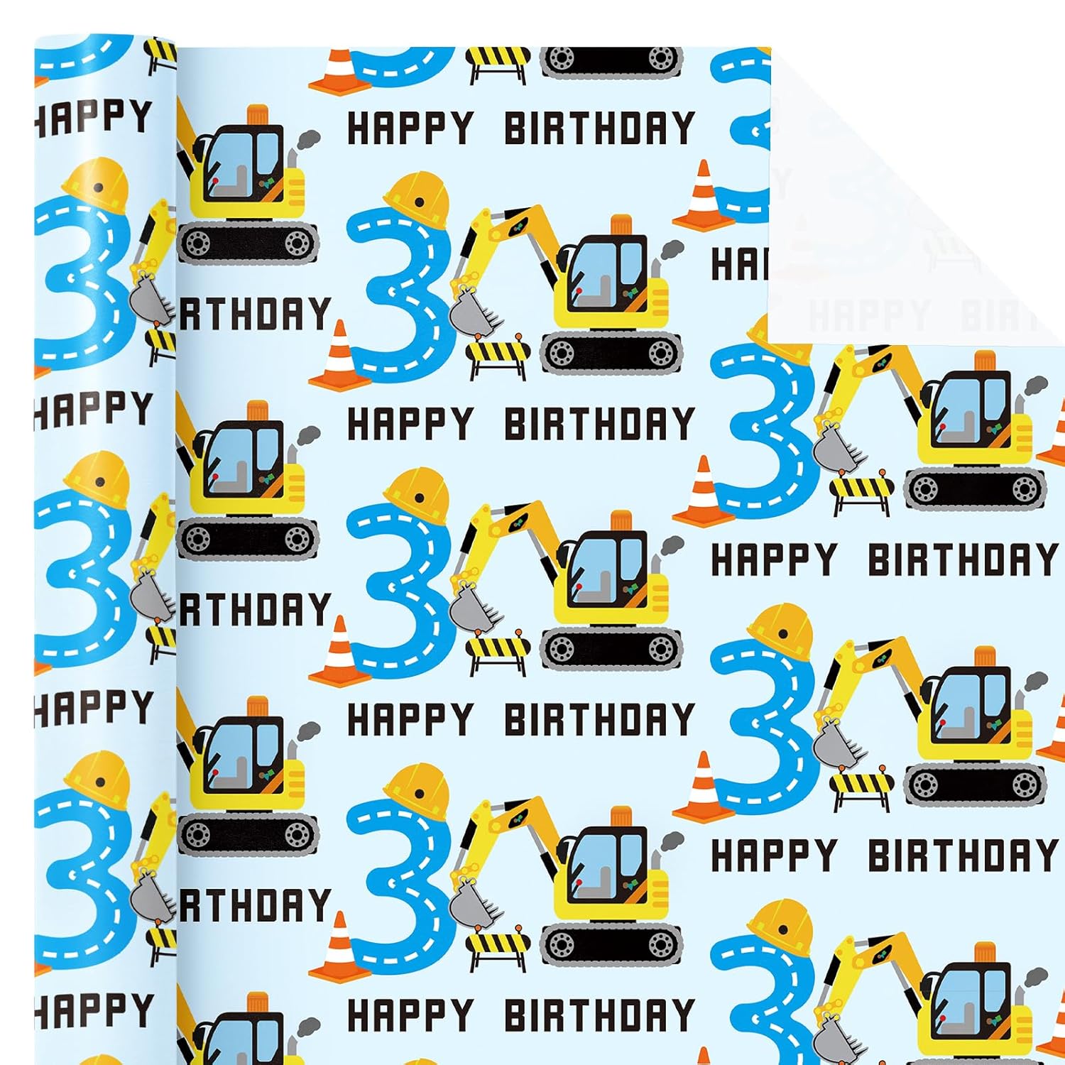 3Rd Birthday Wrapping Paper Roll - Mini Roll - 17 Inch X 16.5 Feet - Adorable Digger Construction Wrapping Paper Perfect For Kids Boys Birthday, Baby Shower