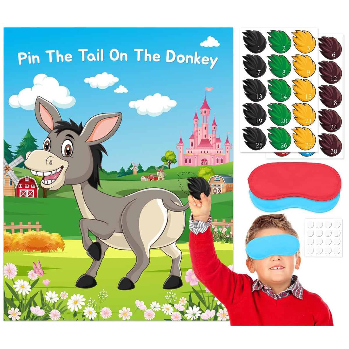 Pin The Tail On The Donkey Game For Birthday Party, Fun Carnival Farm Party Activity Crafts With Tail Stickers And Eye Mask, Party Decorations Supplies For Boys Girls