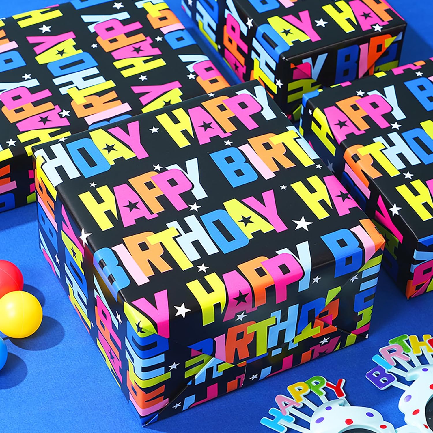 Birthday Wrapping Paper Roll, Gift Wrapping Paper With Grid Cut Lines, Colorful Happy Birthday Pattern For Boys Girls, 17 Inch X 32.8 Feet Per Roll For Party, Baby Shower