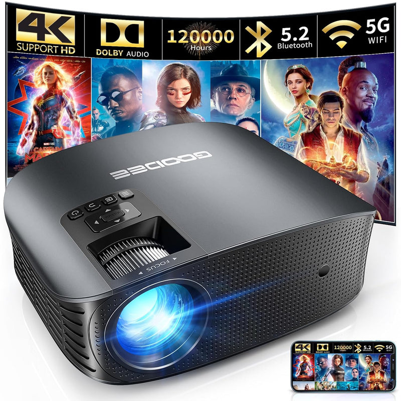 4K WiFi Bluetooth Mini Projector, 1080P, 5G, Dolby Audio, Portable, Zoom