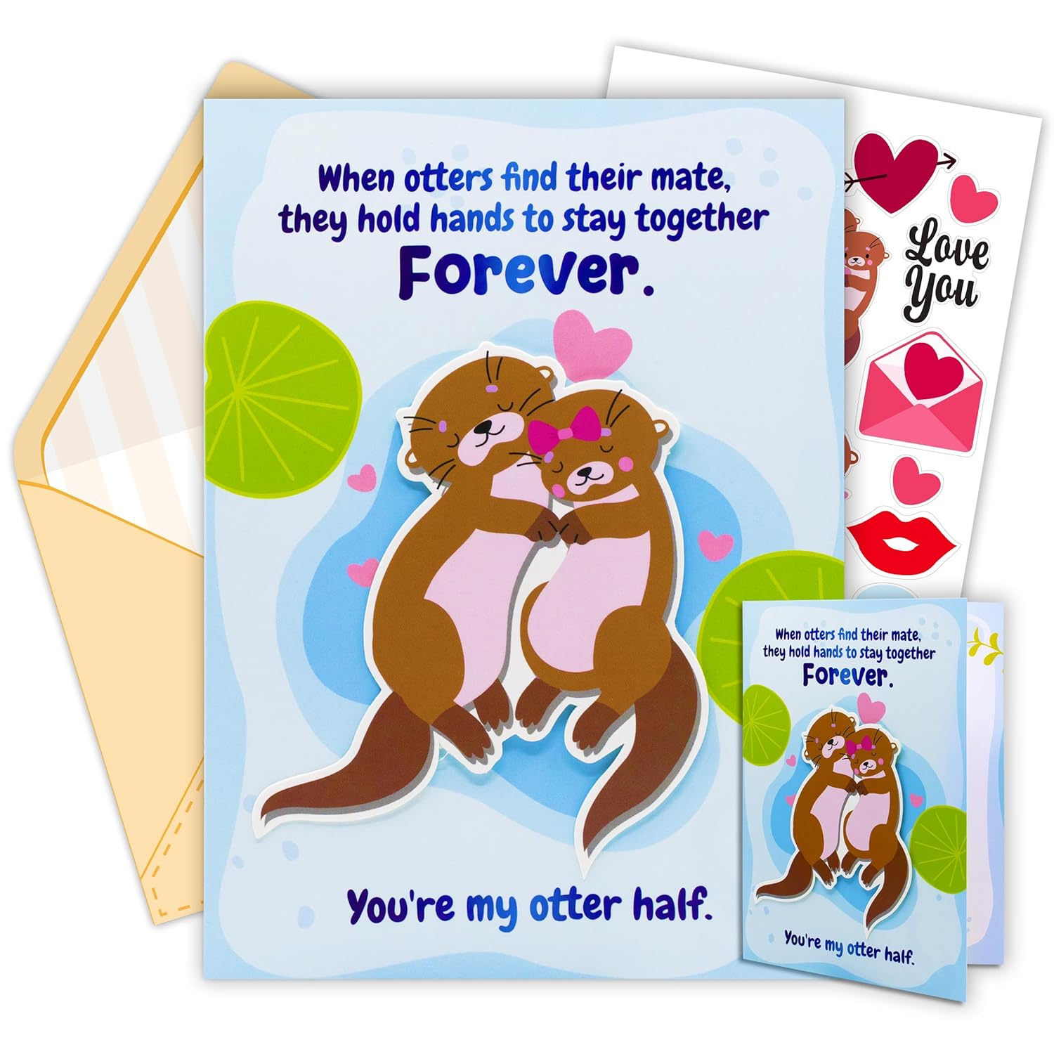 Foiled 5X7In Individual Otter Valentines Card Set With Adorable Cutout, Matching Envelope And Stickers For Wife, Husband, Romantic Partner, Blank Inside - Gifting, Mailing