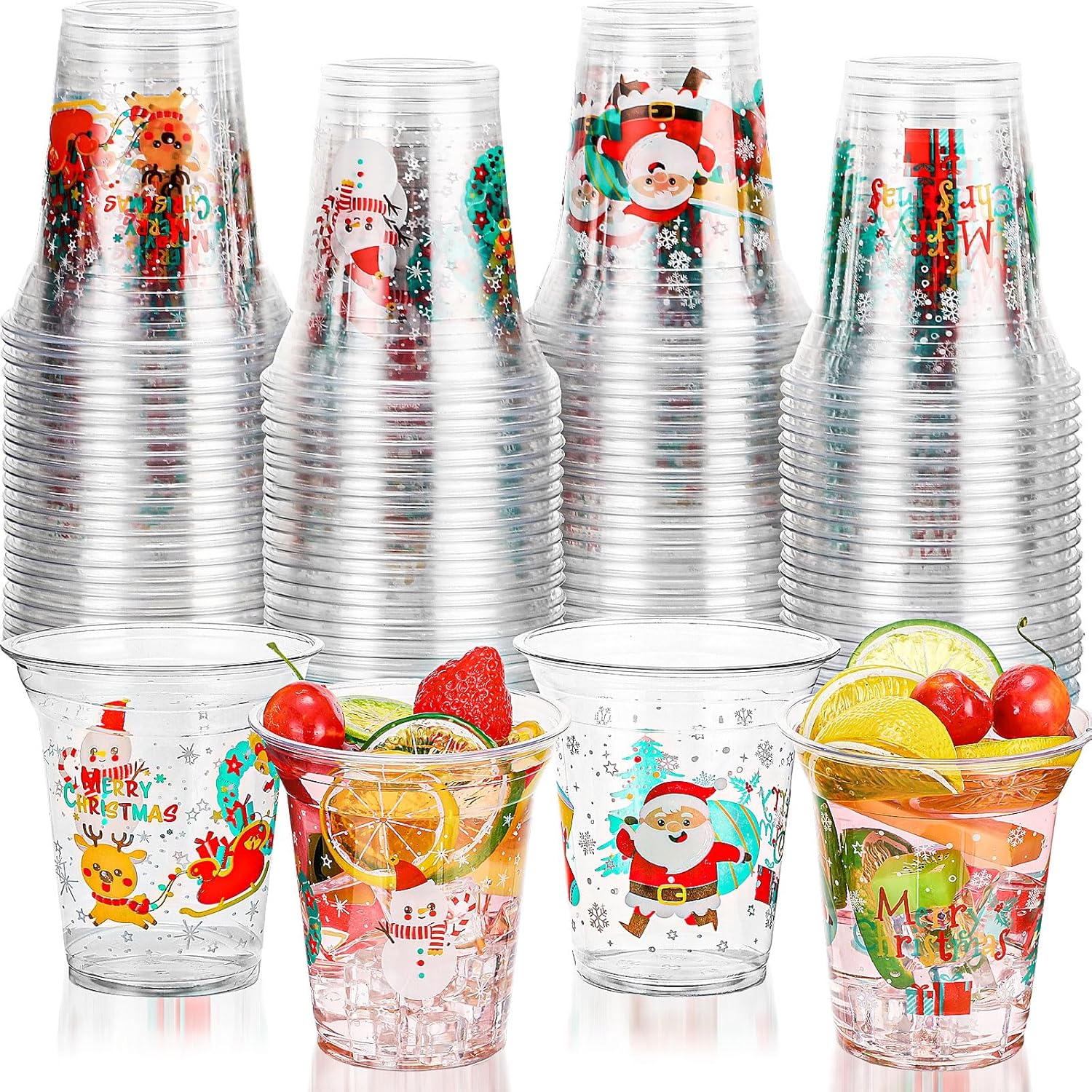 100 Pcs 12Oz Christmas Cups Disposable Plastic Cups Santa Christmas Tree Wreath Clear Drinking Cup Drinkware Party Decorations Party Supply For Beer Beverage Snacks Ice Cream
