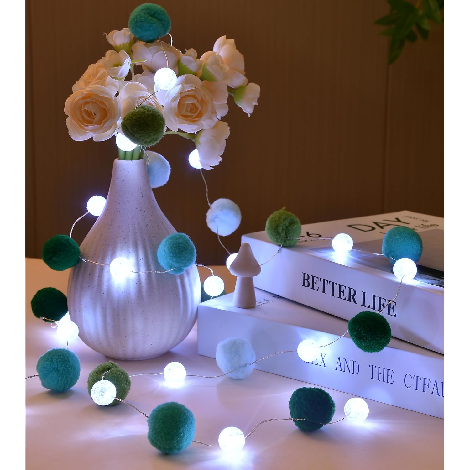 6.56Ft 20 Led 3Aa Battery Powered Globe Crystal Ball Lights With Fluffypom-Poms Fairy Light For Bedroom, Valentine'S Day
