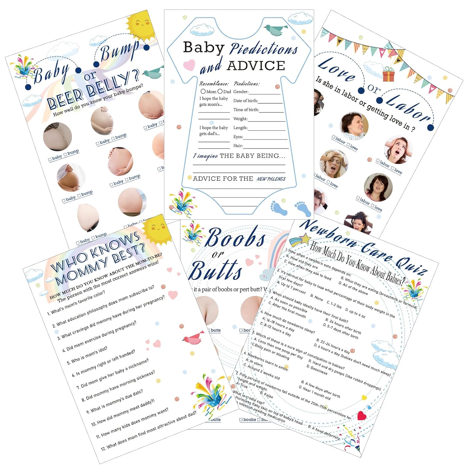 75 Pcs Baby Shower Games 6 Games Gender Neutral Baby Shower Bingo Cards Baby Prediction Advice Activity Beer Belly Or Pregnant Bump Gender Reveal Games For Guests