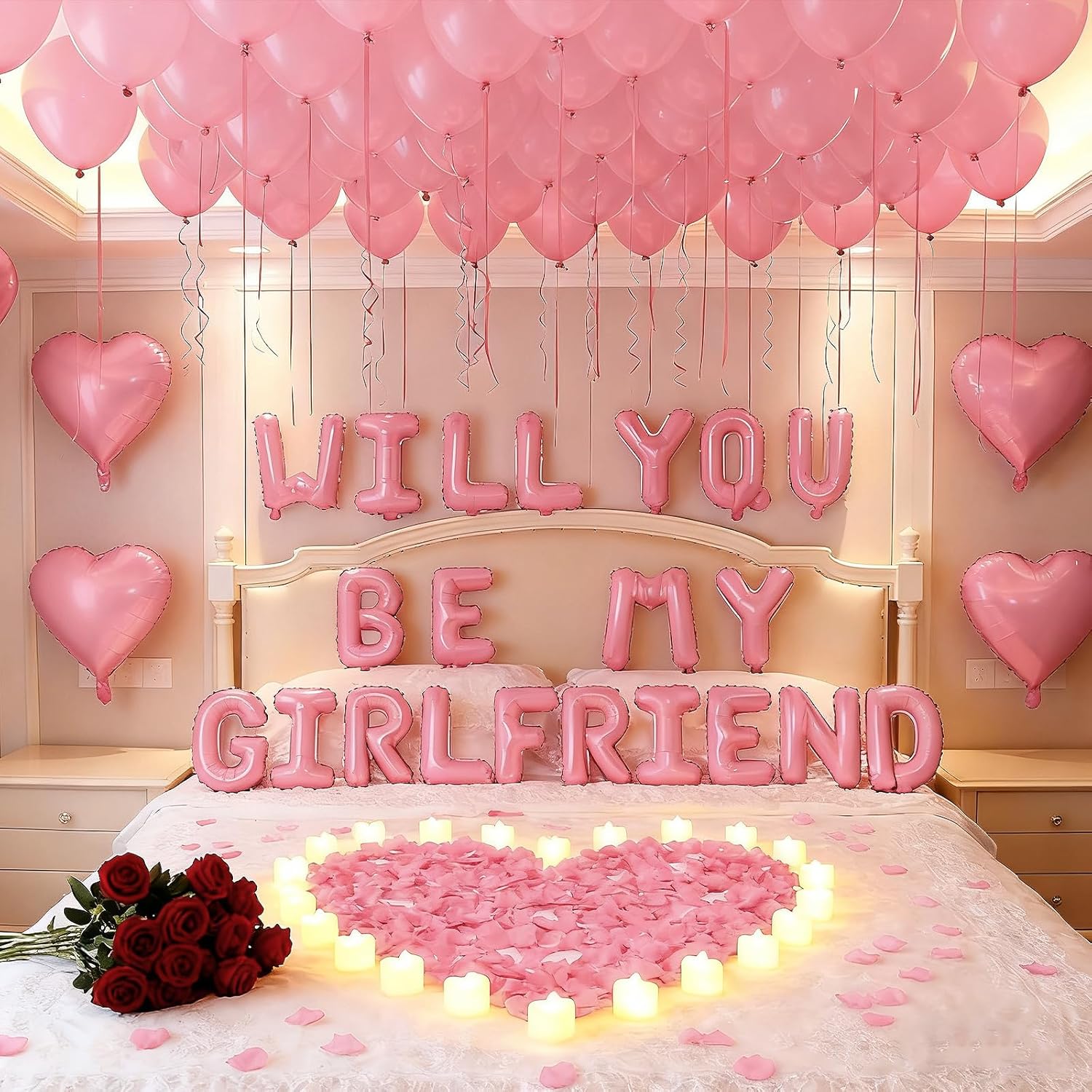 Pink Romantic Decor Kit - Heart Balloons, Rose Petals & Candle Set For Proposals, Anniversary, Valentines Day (30 Balloons + 1000 Petals + 24 Candles)