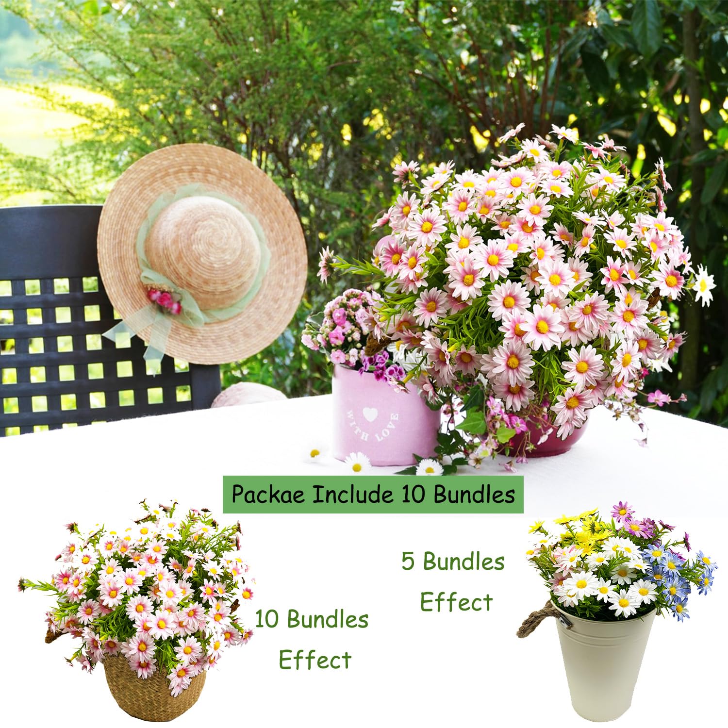 10 Bundles Artificial Daisy Flowers Faux Plants For Outdoors Fake Flowers Uv Resistant No Fade For Garden Porch Patio Window Box Decoration (Pink)