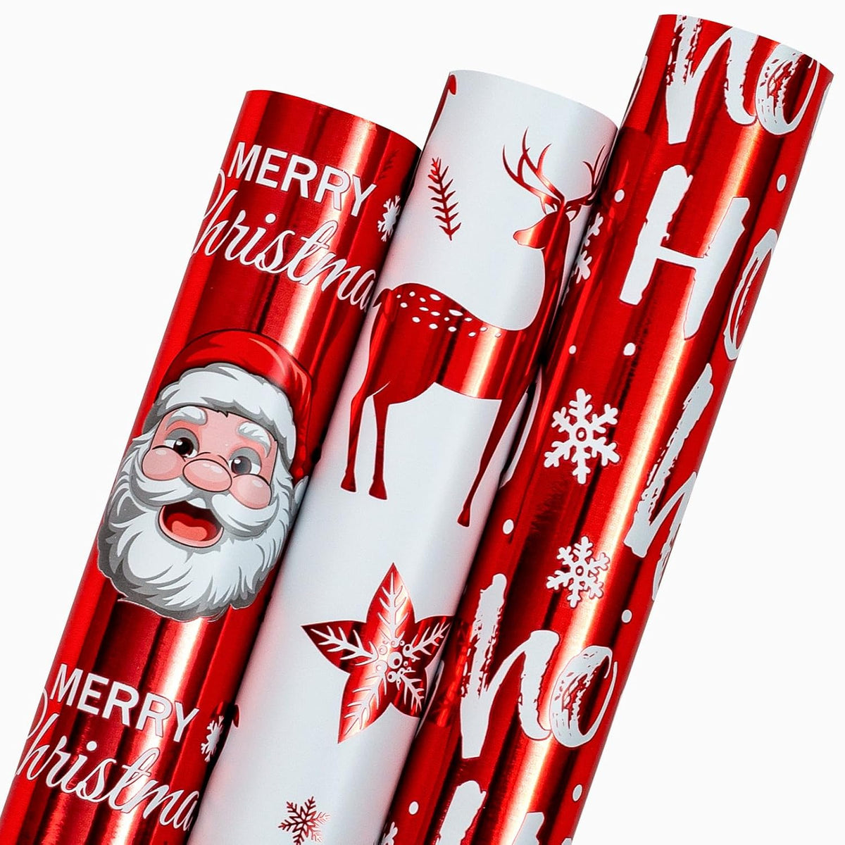 Christmas Wrapping Paper Roll, 3 Mini Rolls Red White Metallic Foil Shine Gift Packing Paper, Santa Claus/Snowflakes/Reindeer/Ho Design - 17 Inch X 120 Inch Per Roll