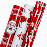 Christmas Wrapping Paper Roll, 3 Mini Rolls Red White Metallic Foil Shine Gift Packing Paper, Santa Claus/Snowflakes/Reindeer/Ho Design - 17 Inch X 120 Inch Per Roll