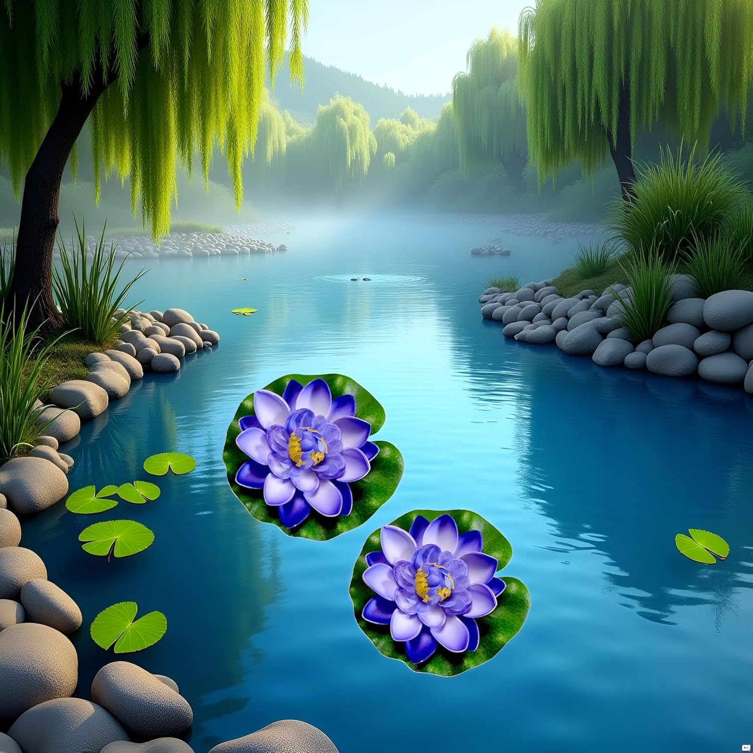 2Pcs Blue Artificial Floating Foam Lotus Flower With Water Lily Pad, Lifelike Pond Pool Lotus Ornaments, Realistic Ornament For Home Garden Pond Aquarium Decor, Artificial Plants And Flowers