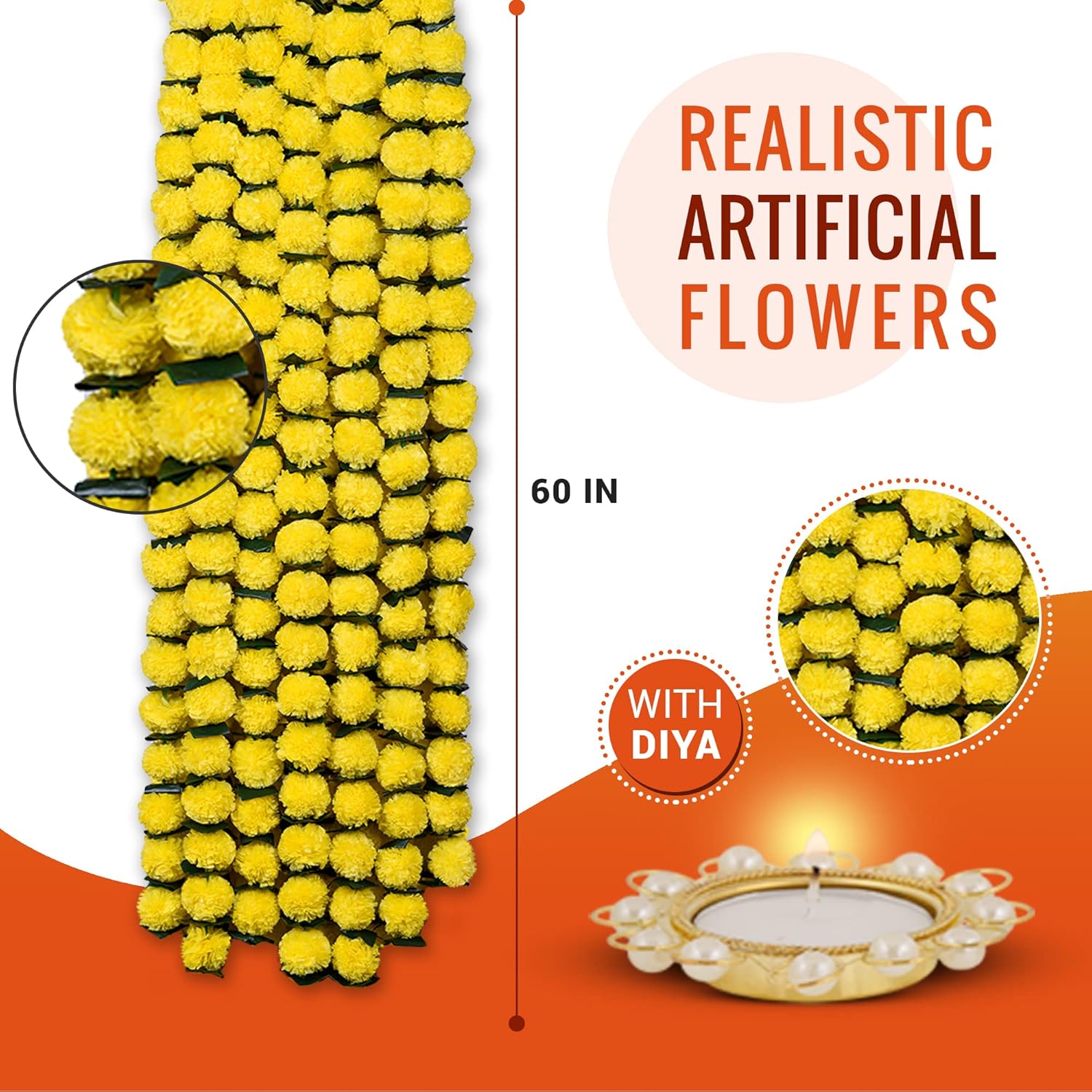 Marigold Garland For Decoration 5 Pcs Of 4.8 Feet Long Strands Artificial Marigold Flowers, Indian Décor For Pooja, Wedding Christmas, Events