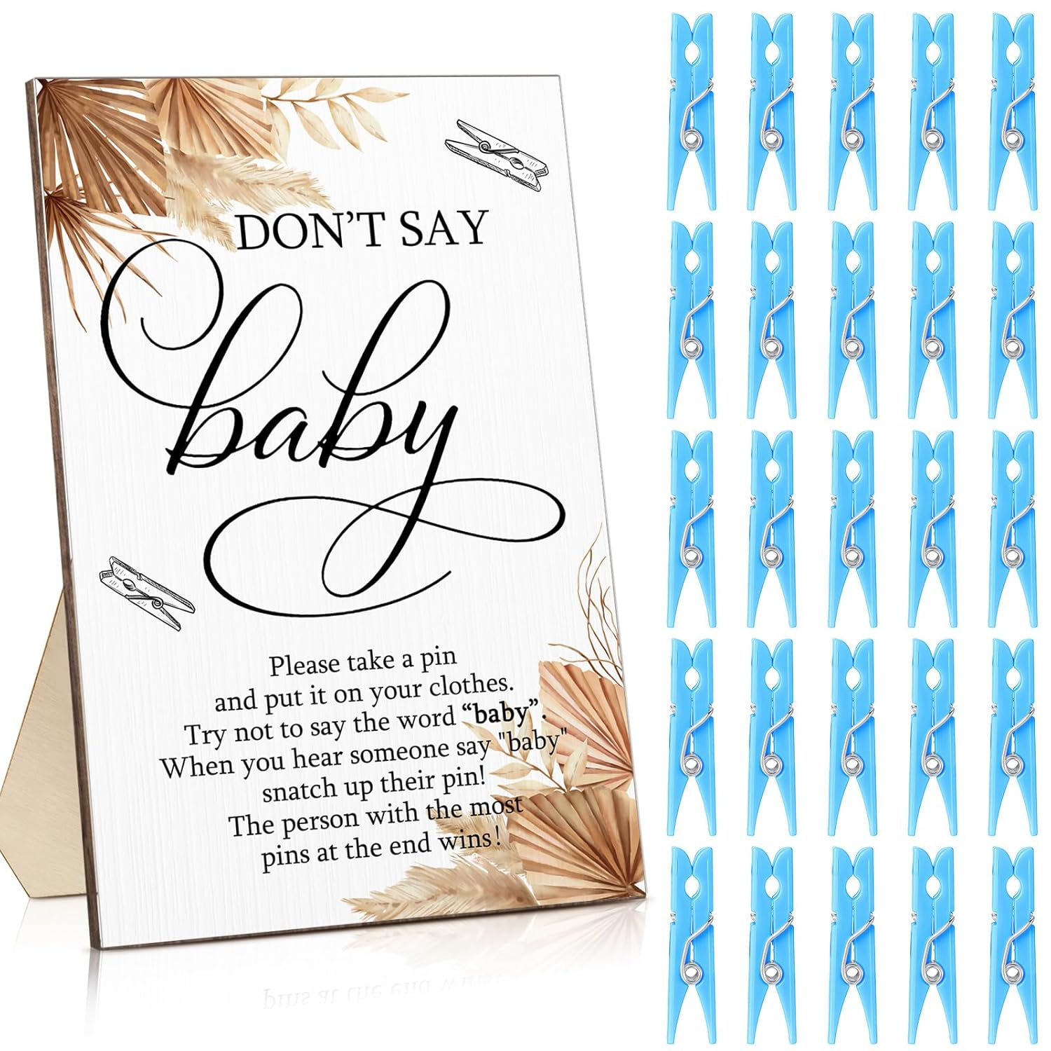 Baby Shower Games 100 Clothespins With 1 Don'T Say Baby Table Sign For Shower Gender Reveal Game Mini Clothespins For Clothes Decorations Diy Crafts(Boho,Blue)