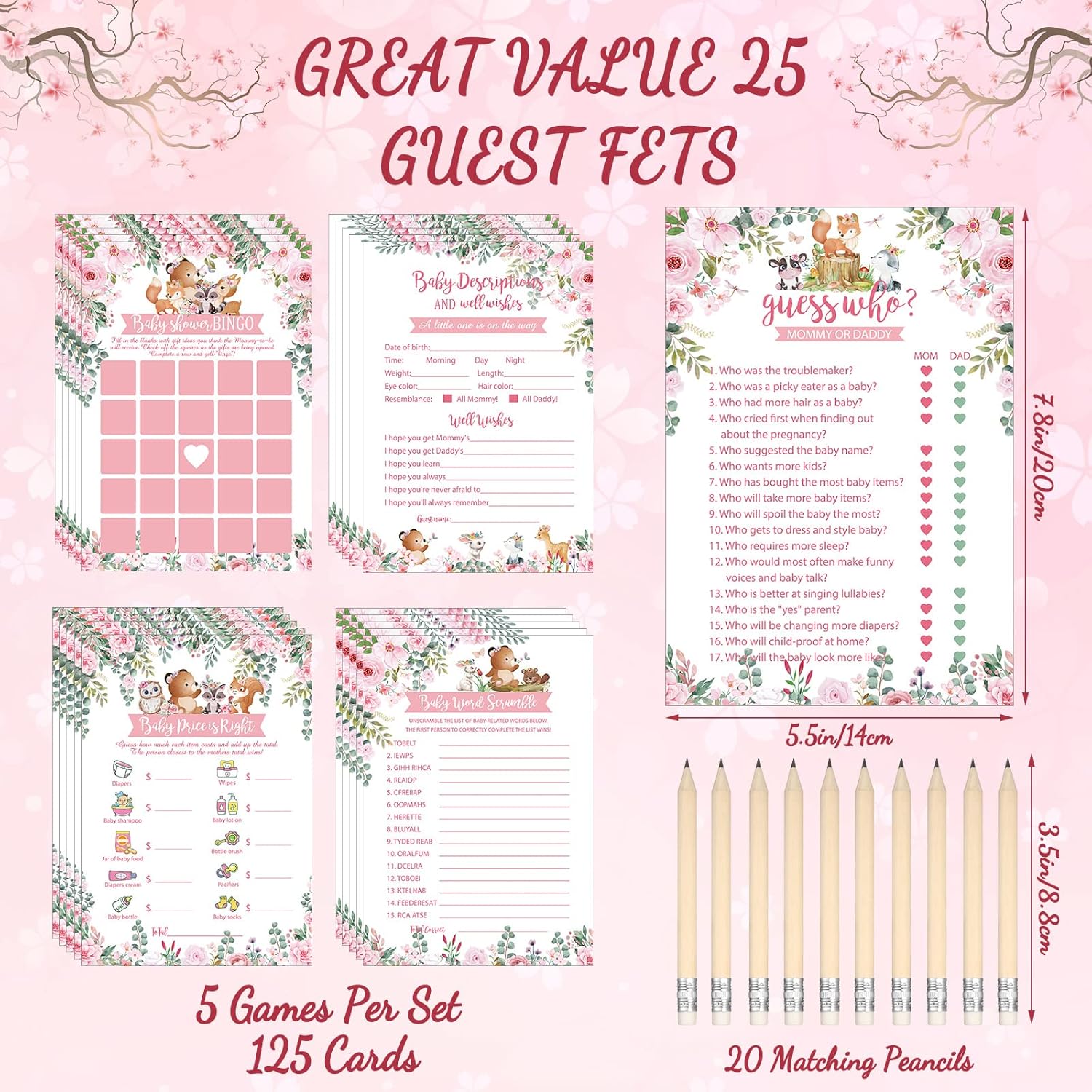 145 Pieces Woodland Baby Shower Game Floral Forest Animals 5 Games Set Funny Activities With 20 Pencils For Kids Include Baby Descriptions And Wishes