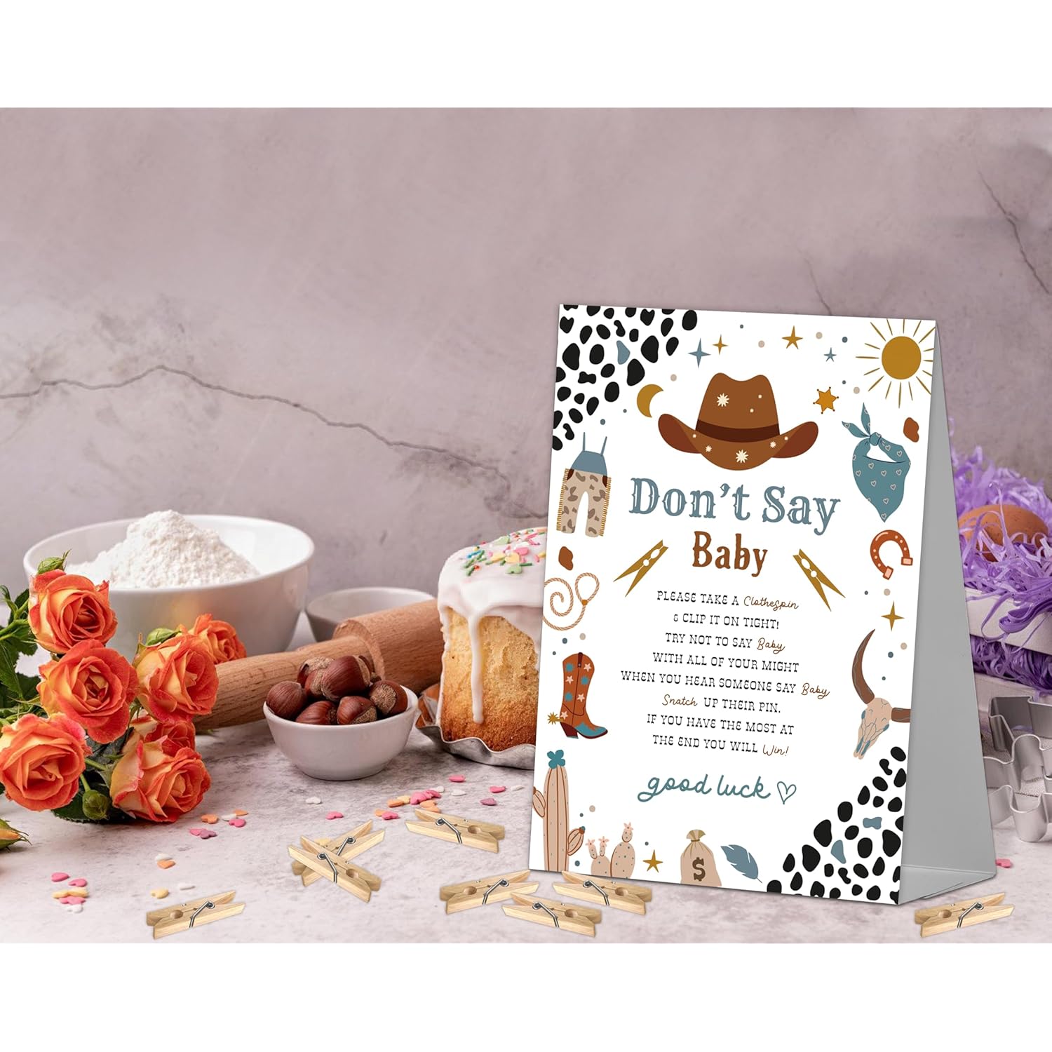 Cowboy Baby Shower Game Sign (1 Sign + 50 Mini Clothespins) For Gender Reveal Party Decorations And Favors