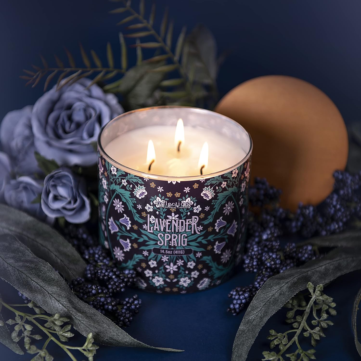 Colonial Candle Lavender Sprig Scented Jar Candle, Deco Collection, 3 Wick, 14.5 oz - Up to 60 Hours Burn, Multicolor