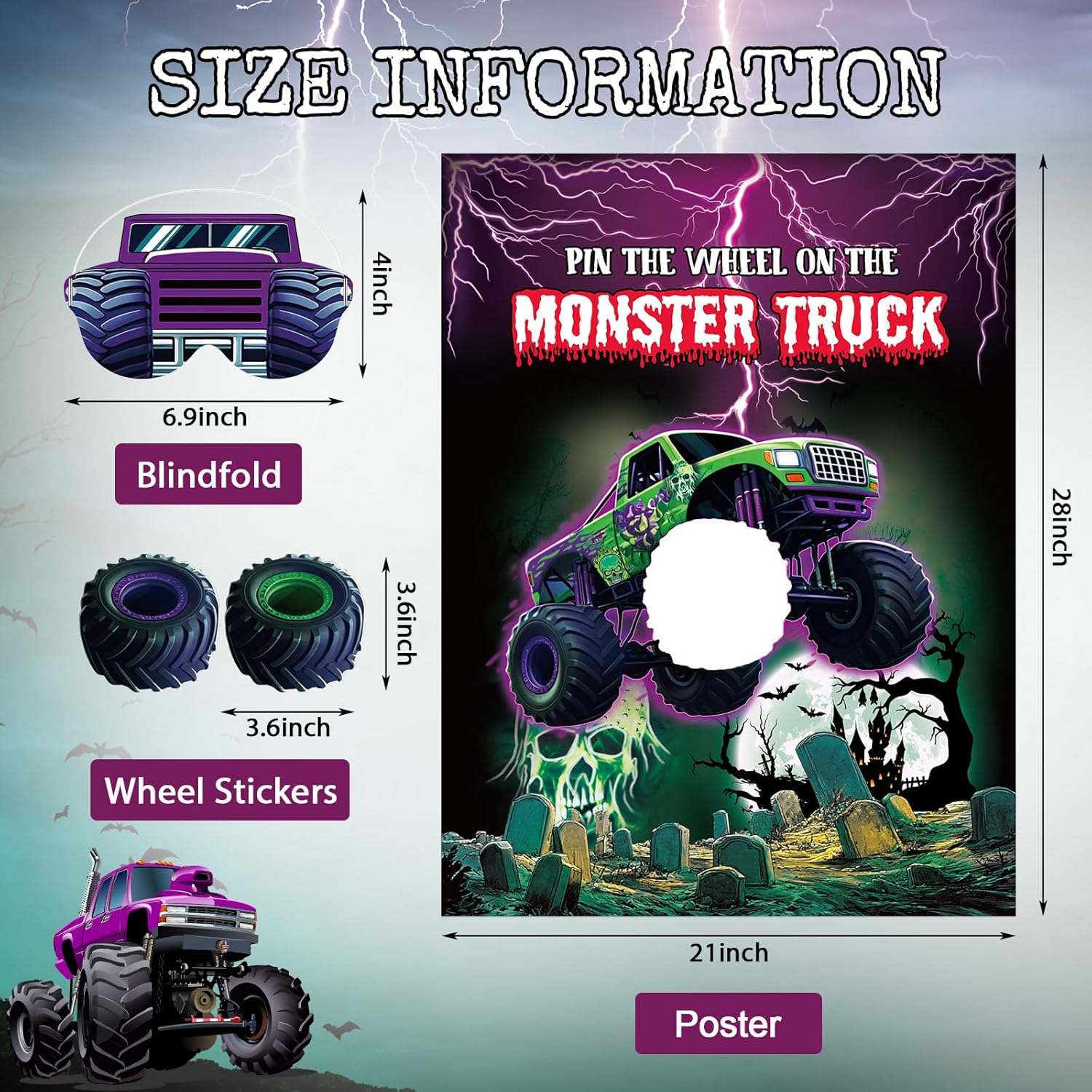 Monster Truck Birthday Games Pin The Wheel On The Monster Truck Green And Purple Trucks Poster With Stickers Blindfolds For Birthday Decorations Cars Party Games Activities Supplies