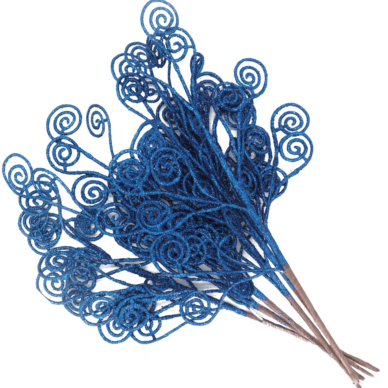 6Pcs Artificial Glitter Stems Ornaments 17.5" Sparkly Twigs Sticks Candy Sprays Curly Picks For Christmas Tree Branches Vase Fillers Wedding Party Holiday Arrangement Decor (6, Blue)