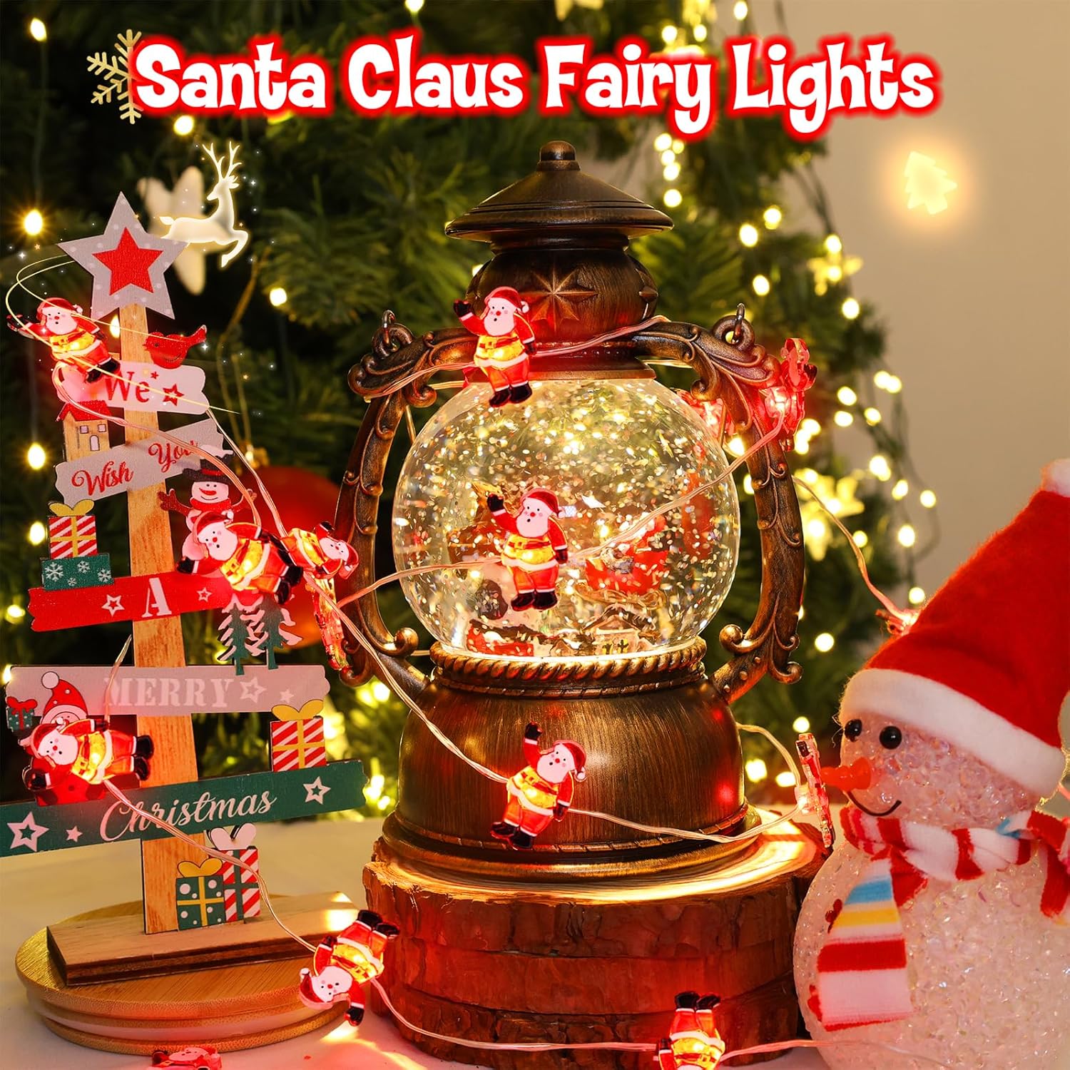 Christmas String Lights, Christmas Tree Santa Claus Snowflake Lights With Timer Twinkling Indoor Battery Operated 9.8Ft