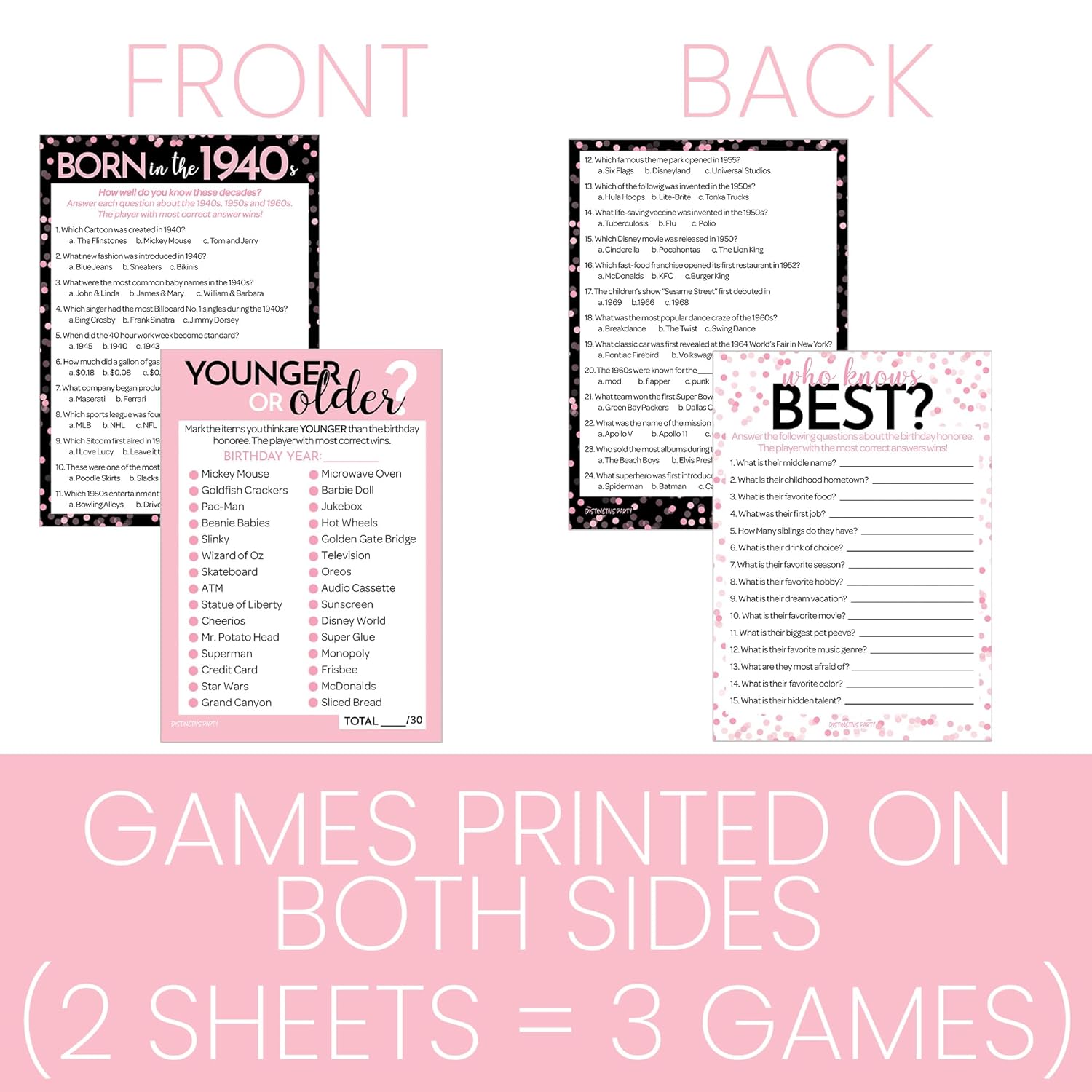 Pink And Black 80Th Birthday Party Games Bundle - Set Of 3 Birthday Games For Adults - 20 Guests, Born In The 1940S Theme