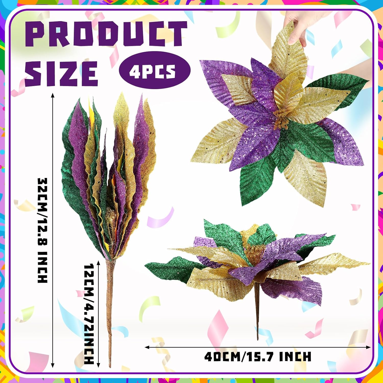 4 Pcs 16'' Mardi Gras Flowers Mardi Gras Poinsettia Flowers Artificial Extra Large Glitter Poinsettia Picks Stems Ornaments Purple Gold Green Foldable Floral For Holiday Party Decorations