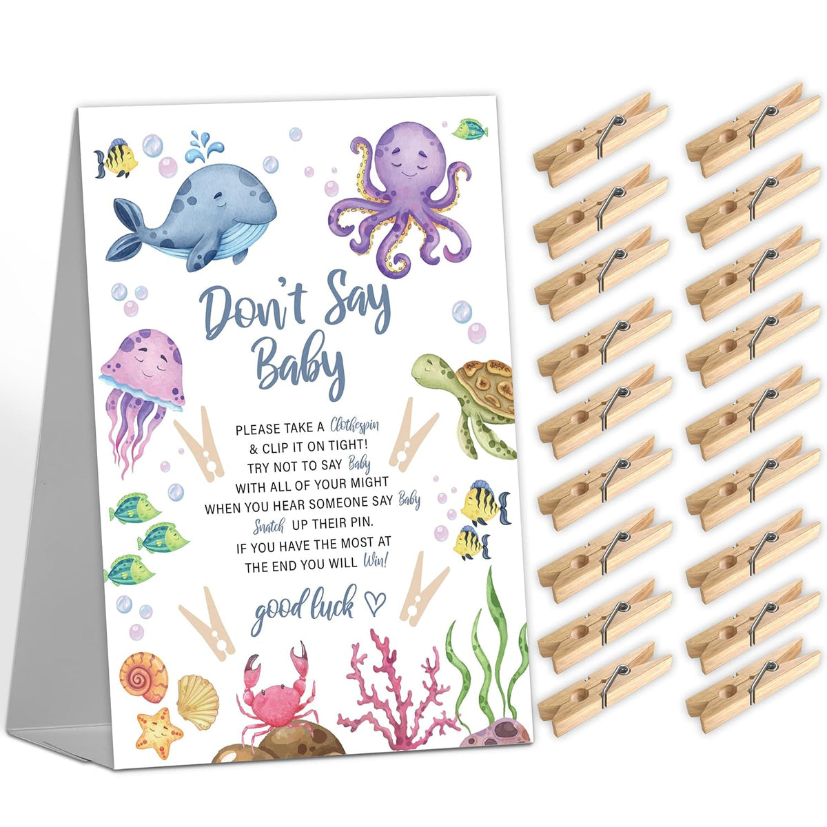 Don'T Say Baby Game Sign For Ocean Under The Sea Shower (1 Sign + 50 Mini Clothespins) - Gender Reveal Party Decorations And Favors Supplies (Mq-1-9)