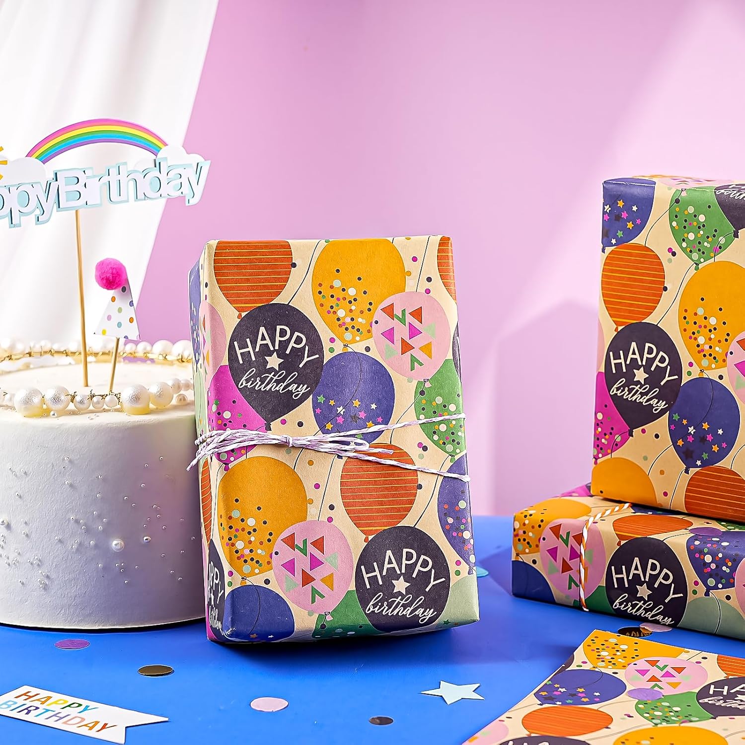 Kraft Birthday Wrapping Paper Sheet - 6 Sheets Folded Colorful Balloon With Confetti Design For Birthday, Baby Shower, Party, Holiday - 19.7 Inch X 27.5 Inch Per Sheet