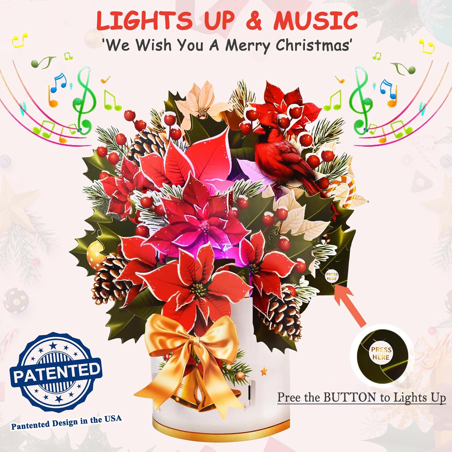 Pop Up Christmas Cards With Lights And Music, 12 Inch Paper 3D Poinsettia Bouquet Design, Musical Xmas Flower Popup Greeting Card With Note Card & Envelope For Christmas Holiday Decoration
