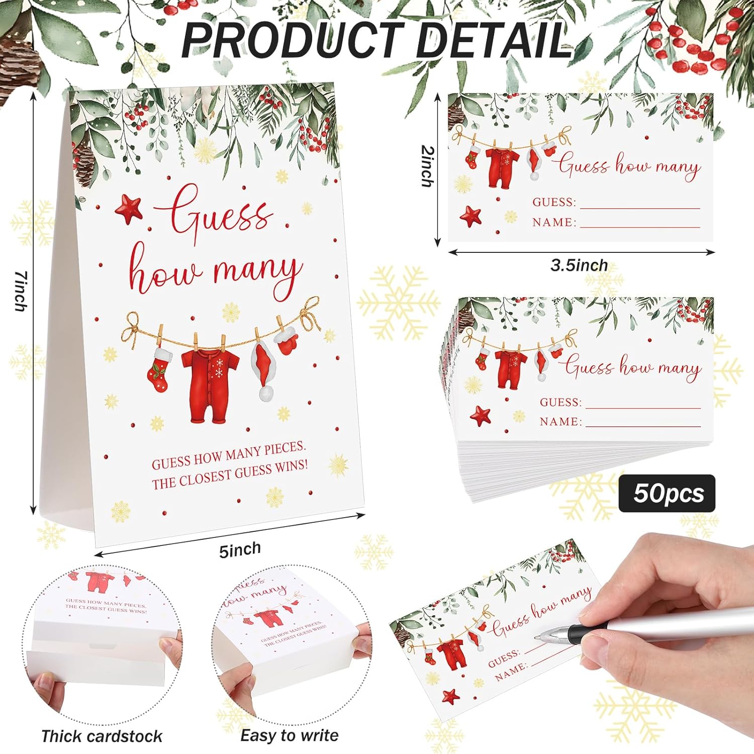 Christmas Guess How Many Baby Shower Game Pack Of 1 Tabletop Sign With Stand And 50 How Many Cards, Christmas Gender Reveal Party Game Decorations(Santa)