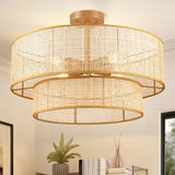 20 Inch Boho Rattan Flush Mount Ceiling Light Double Layer Wicker Fixture