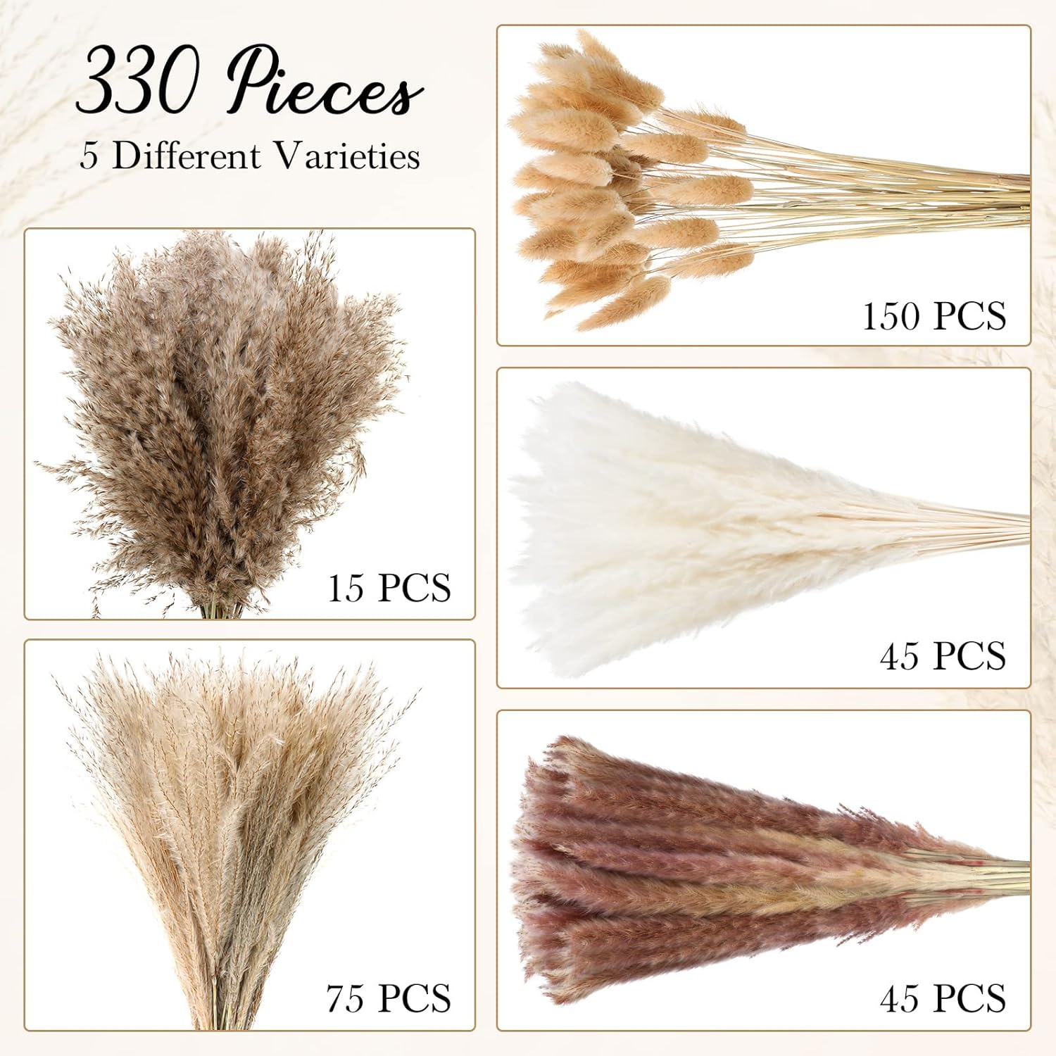 330 Pcs Dried Pampas Grass Decor, 17 Inch Dried Flower Plants Bulk White And Brown Pampas Grass Reed Bunny Tails Bouquet For Wedding Boho Home Table Decor Rustic Farmhouse Party Decoration