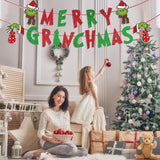 Pre-Strung Merry Grinchmas Banner Decorations For Christmas, Cute Red Green Glittery Grinchmas Banner Sign For Christmas Party Home Office Fireplace Mantel Photo Props Backdrop Decor