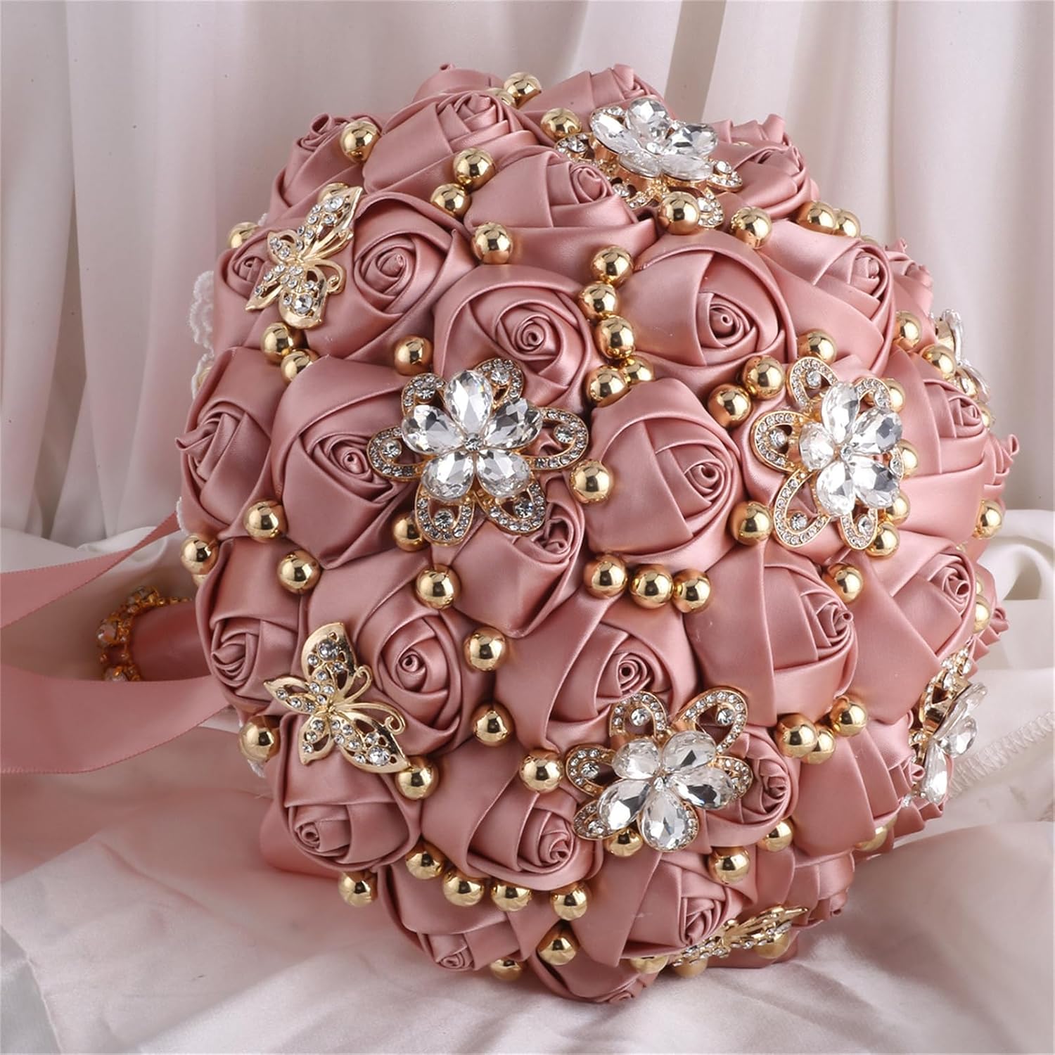 Bridal Wedding Bouquet For Bride Bridesmaid Wedding Quinceanera Throw Toss Artificial Rose Flower Bunch With Bling Brooch (66#Darkpink, Mini (Dia. 6.3"/16Cm))