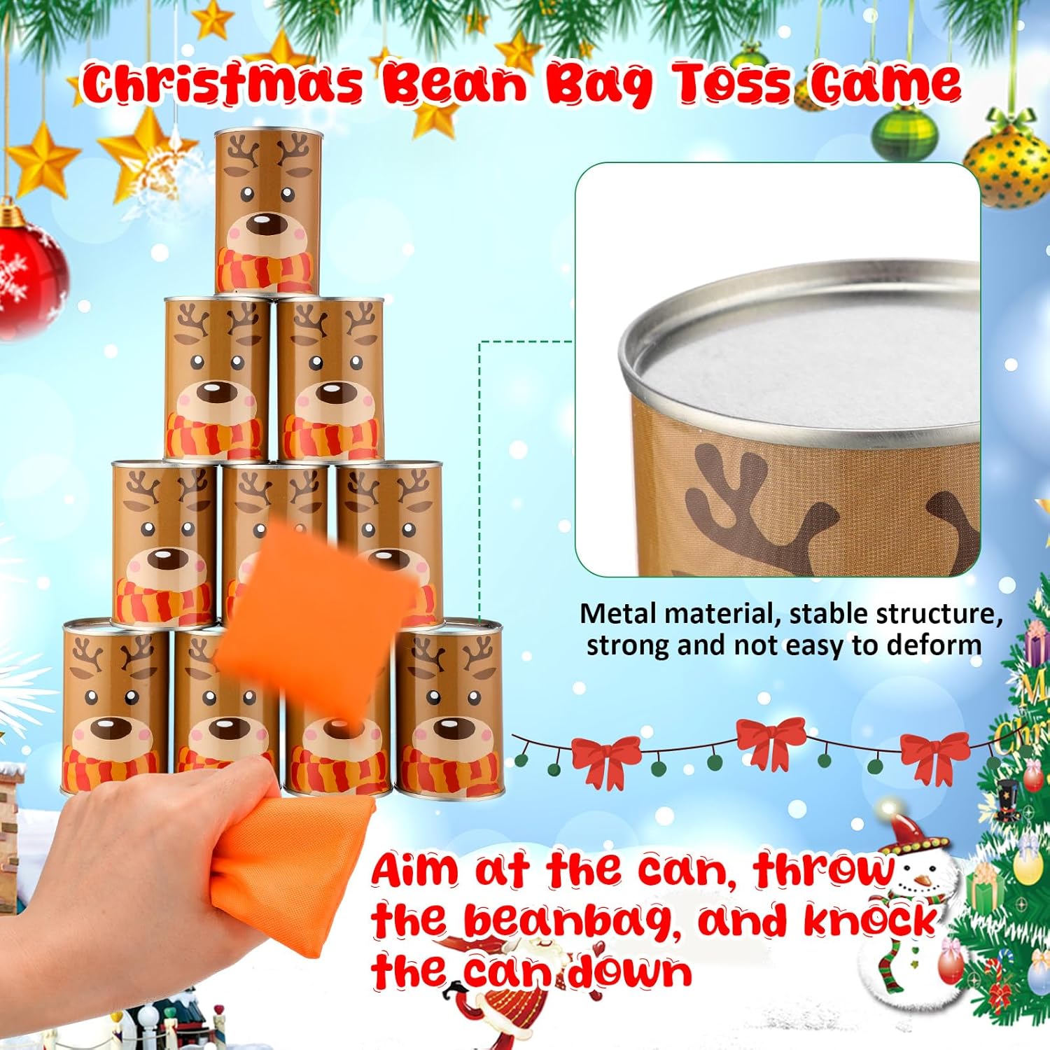 30 Pcs Christmas Bean Bag Toss Party Knockdown Can Set Include 20 Metal Cans 8 Bean Bags And 2 Set Number Stickers For Christmas Xmas Outdoor Indoor Family Party (Elk,Snowman)