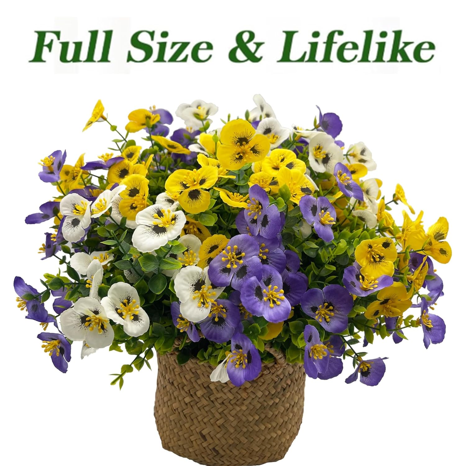 12 Bundles Artificial Pansy Flowers With Eucalyptus Leaves, No Fade Uv Resistant Silk Flower Plants For Indoor Outside Garden Front Door Porch Yard Patio Window Box Farmhouse(Purple, Yellow, White)