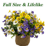12 Bundles Artificial Pansy Flowers With Eucalyptus Leaves, No Fade Uv Resistant Silk Flower Plants For Indoor Outside Garden Front Door Porch Yard Patio Window Box Farmhouse(Purple, Yellow, White)