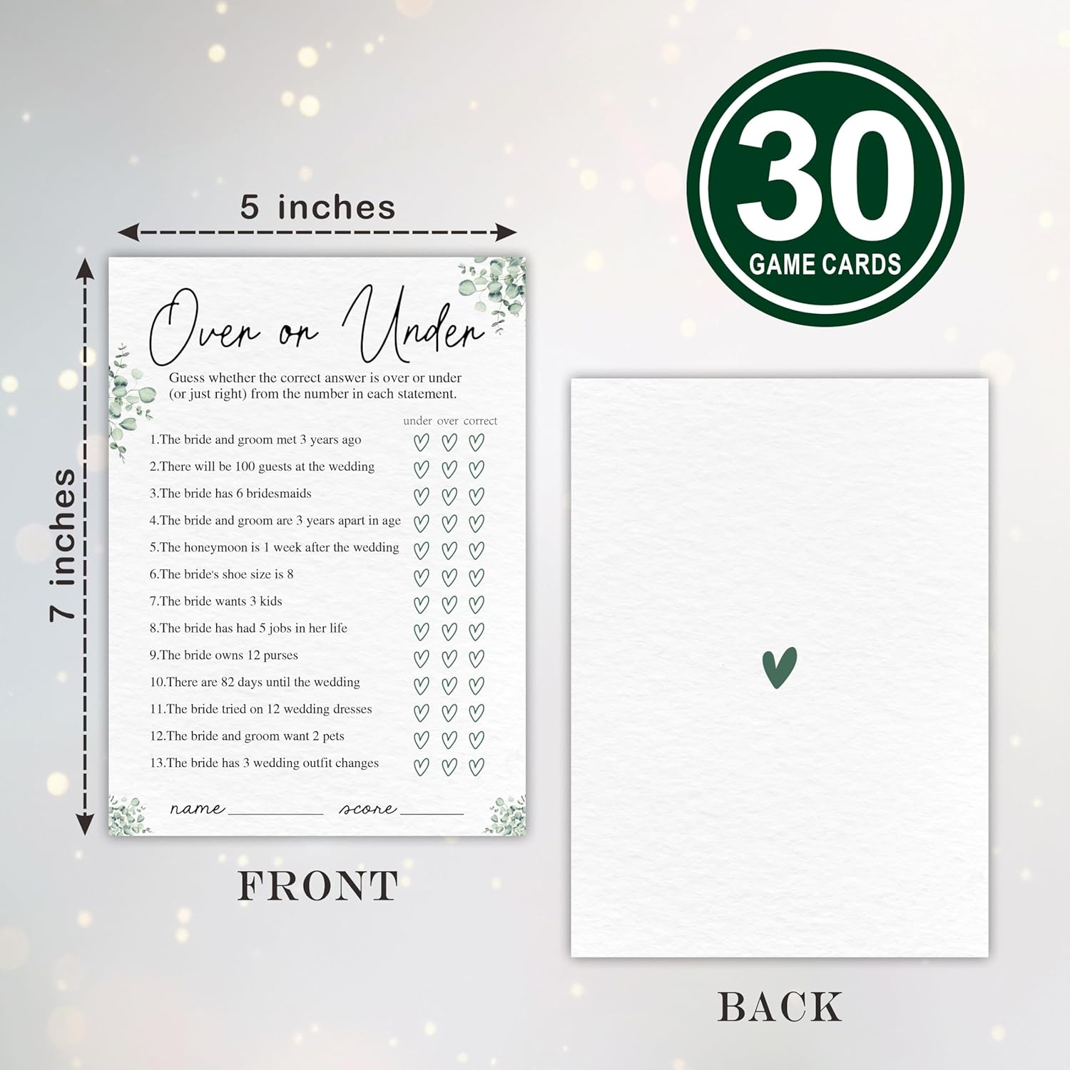 30 Bridal Shower Game Cards - Over Or Under Or Just Right - Eucalyptus Leaf Plant Themed Wedding Games, Engagement? Wedding Party Activity Games? Suitable For 30 Guests? Favors & Supplies - A04