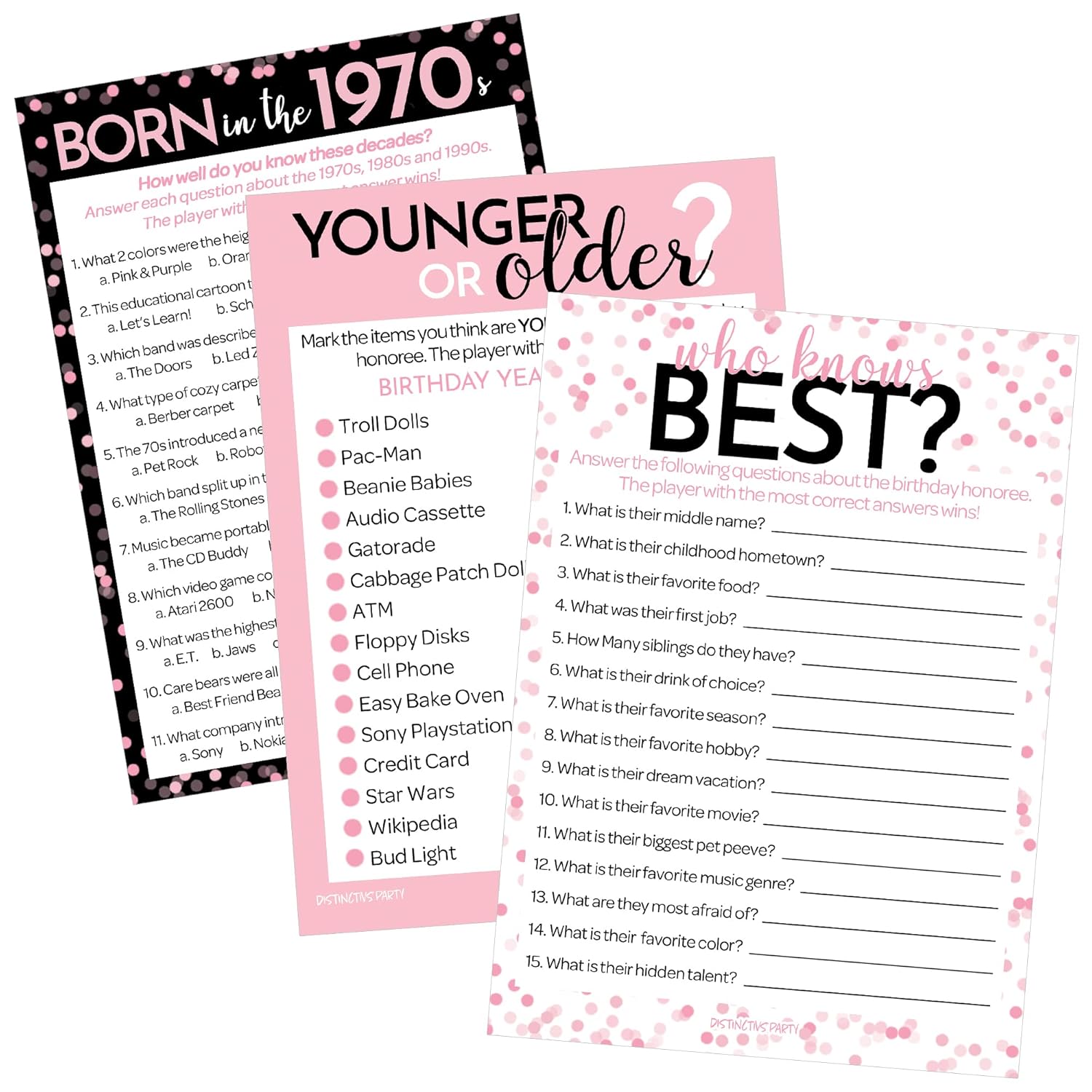 Pink And Black 50Th Birthday Game Bundle - Set Of 3 Birthday Party Games For 20 Guests, Born In The 1970S Theme