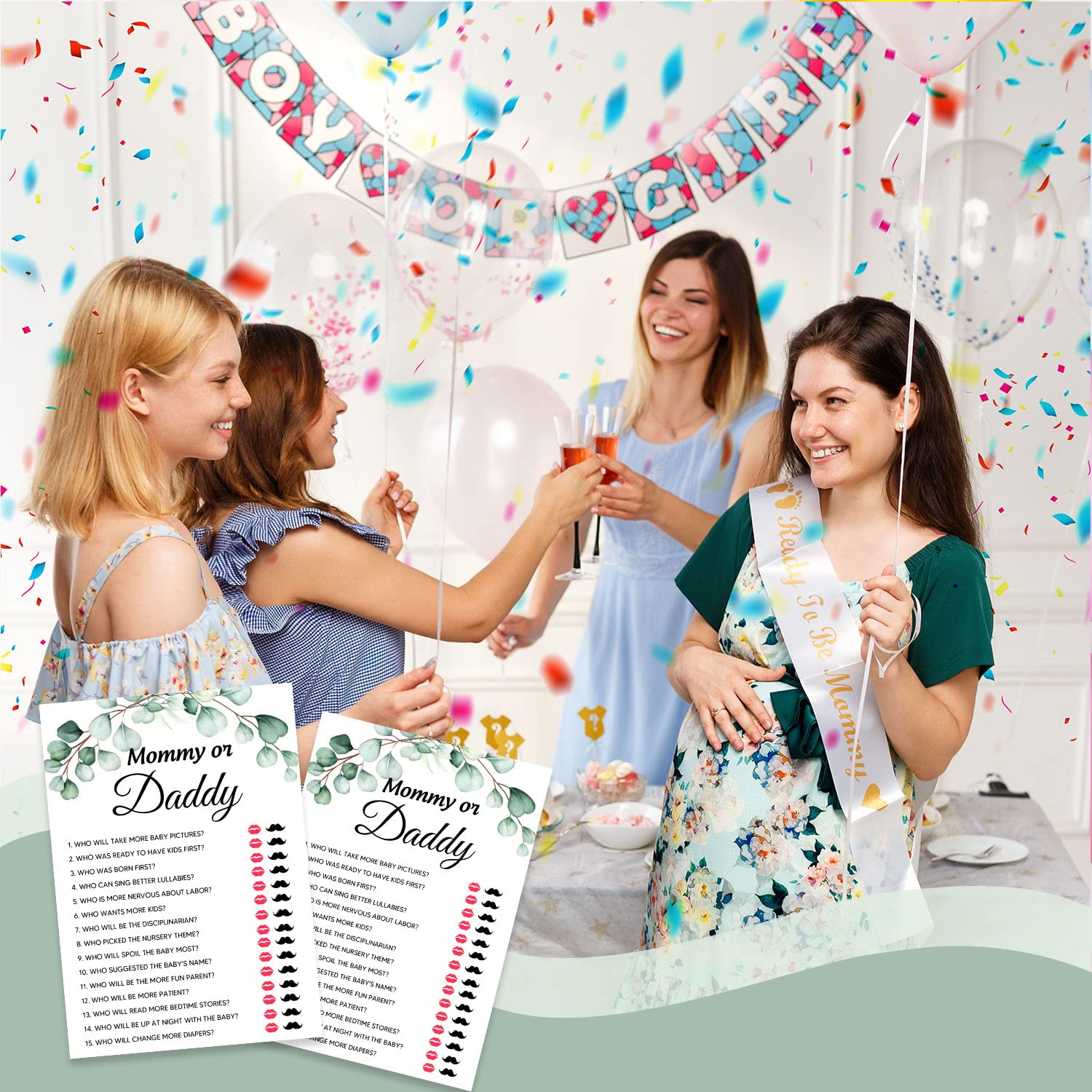 Baby Shower Games, Mommy Or Daddy Game, Greenery Eucalyptus Theme Party Cards For Gender Neutral Boys Or Girls, Baby Shower Party Supplies -Set Of 30 Cards