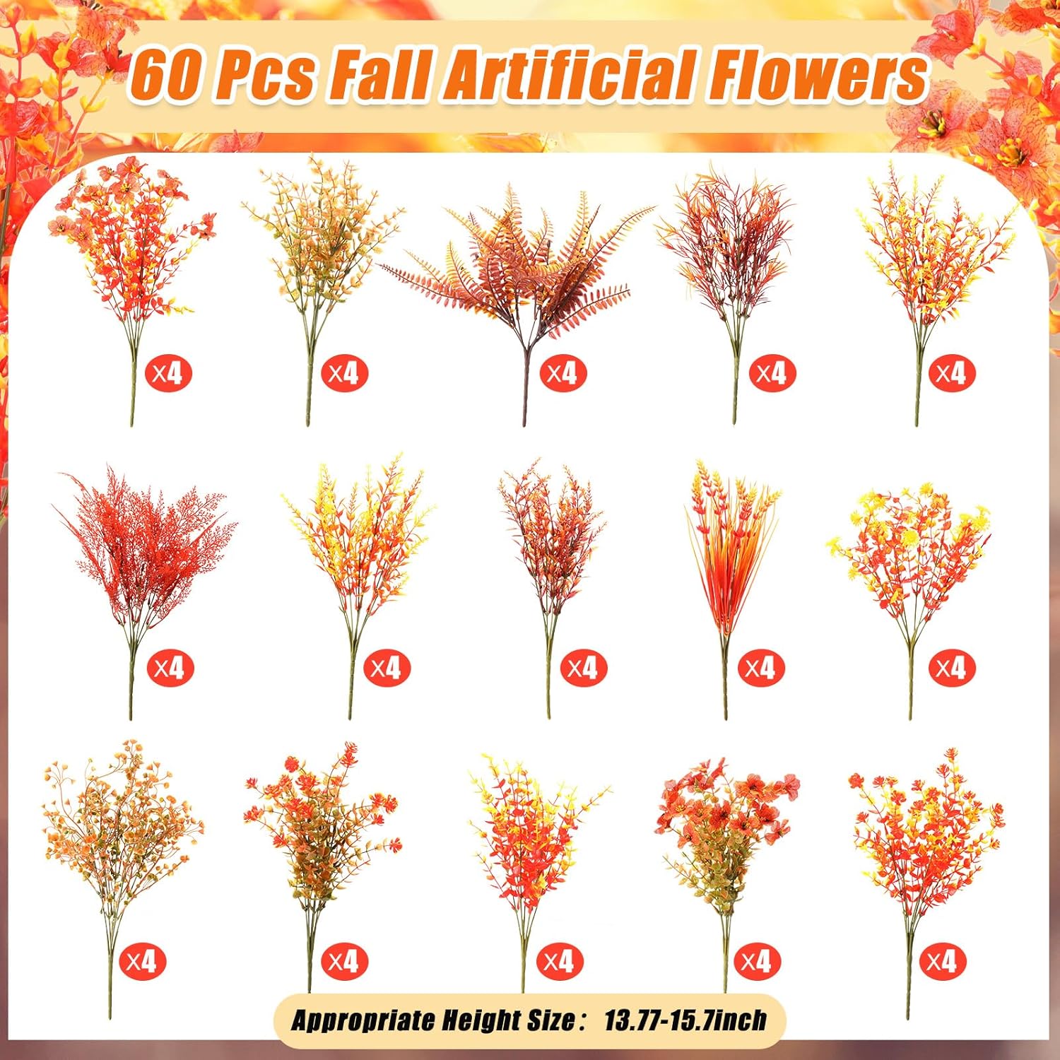60 Bundle Fall Artificial Flowers Outdoor Uv Resistant Autumn Orange Fake Plants Flowers Faux Plastic Greenery Decoration Shrub For Wedding Window Box Home Porch Fireplace Thanksgiving
