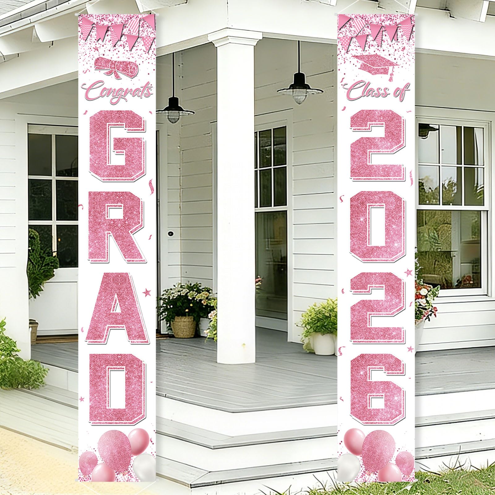 COHIE Congrats Grad Class of 2026 Porch Banner a Set of 2, 12"x71" 2026 Graduation Party Decor for Senior High School College University Grad Parties Supplies Indoor Outdoor (Pink and White)