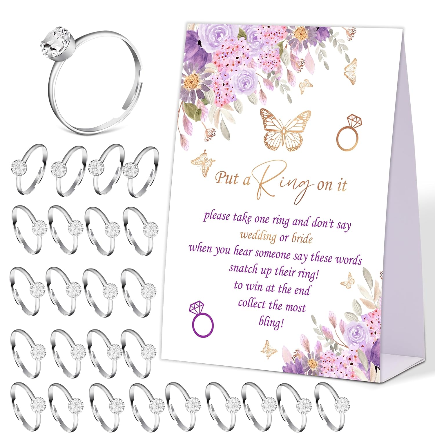 Butterfly Don'T Say Bride Or Wedding Game, Put A Ring On It Bridal Shower Game With 50 Fake Rings, Bridal Shower Decorations, Wedding Shower Or Bachelorette Party Supplies - 10