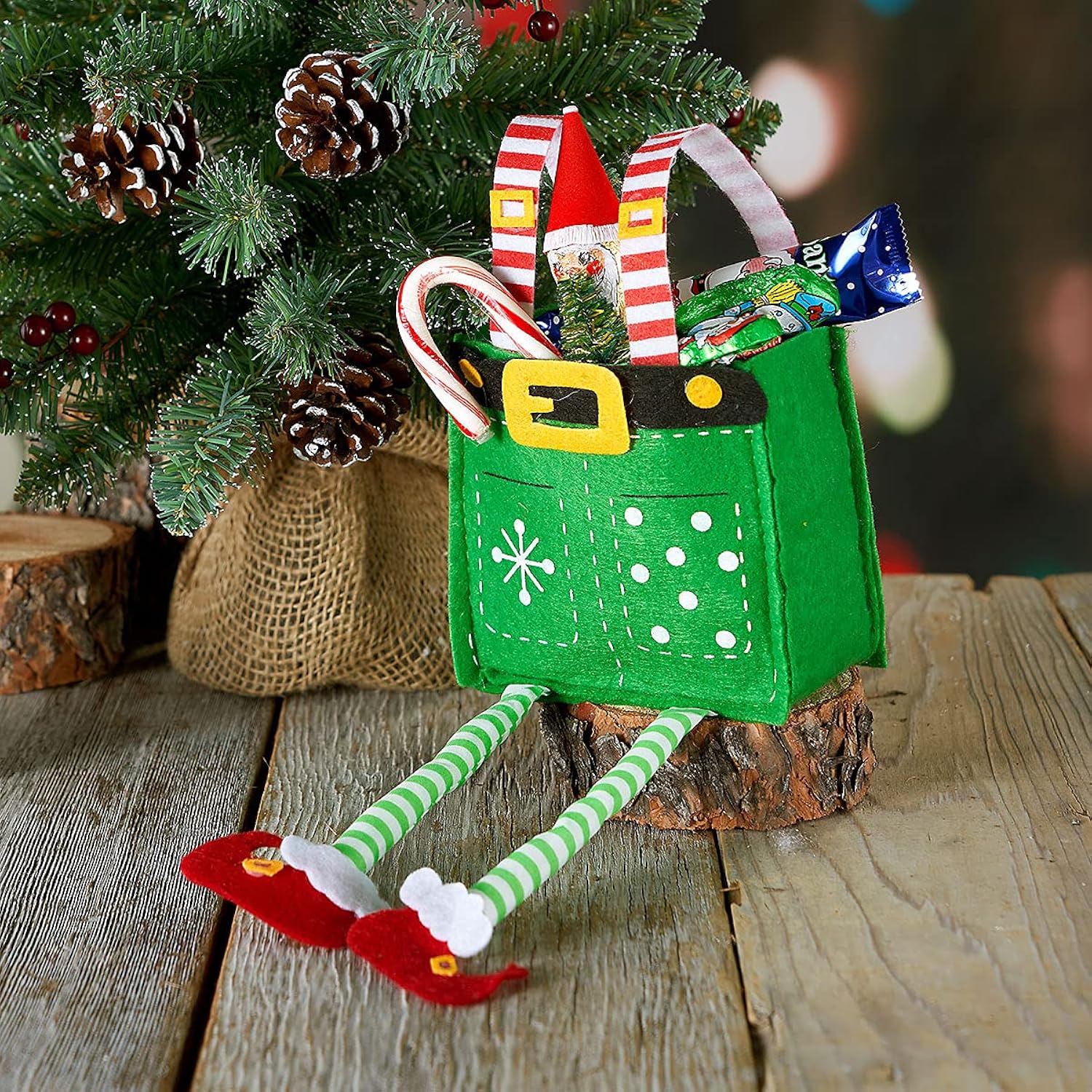 Elf Pants Christmas Treat Bags, Set Of 6 Gift Bags For Children Holiday Parties Teachers Decorations