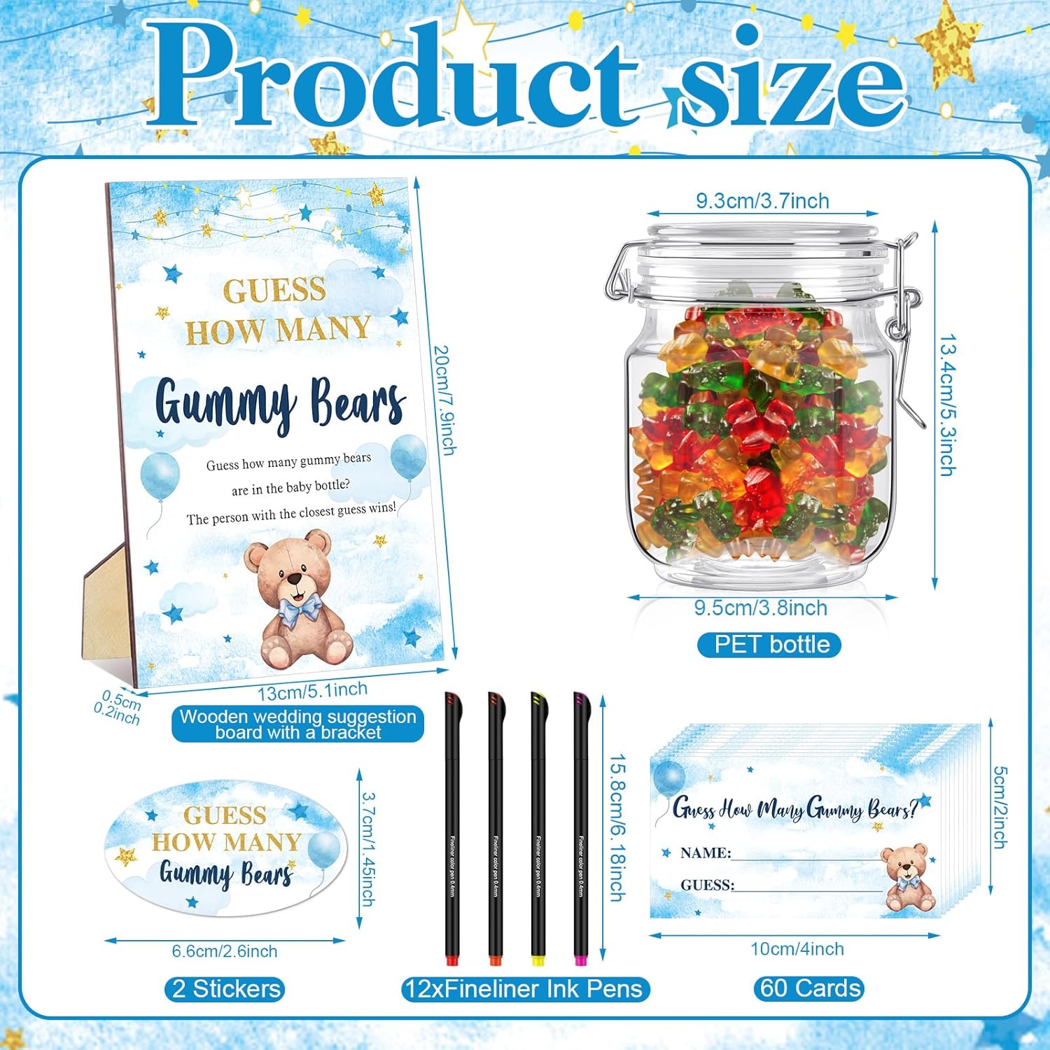 76 Pcs Guess How Many Bears Bear Gender Reveal Party Supplies 60 Guessing Cards 12 Pens 2 Cute Stickers 1 Storage Jar 1 Wood Standing Sign For Gender Reveal Activities Party Decorations
