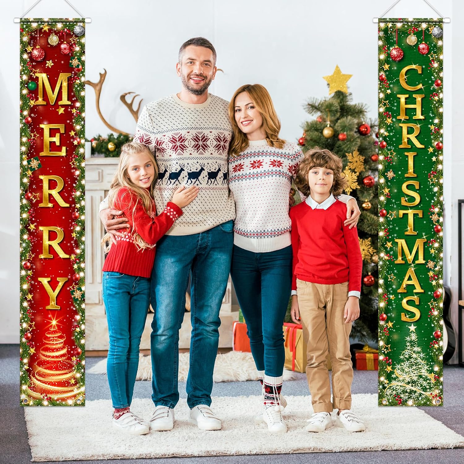 Christmas Decorations - Merry Christmas Door Banner Winter Xmas Front Door Porch Sign Red And Green Xmas Hanging Door Banner For Winter Holiday,Christmas Party Supplies