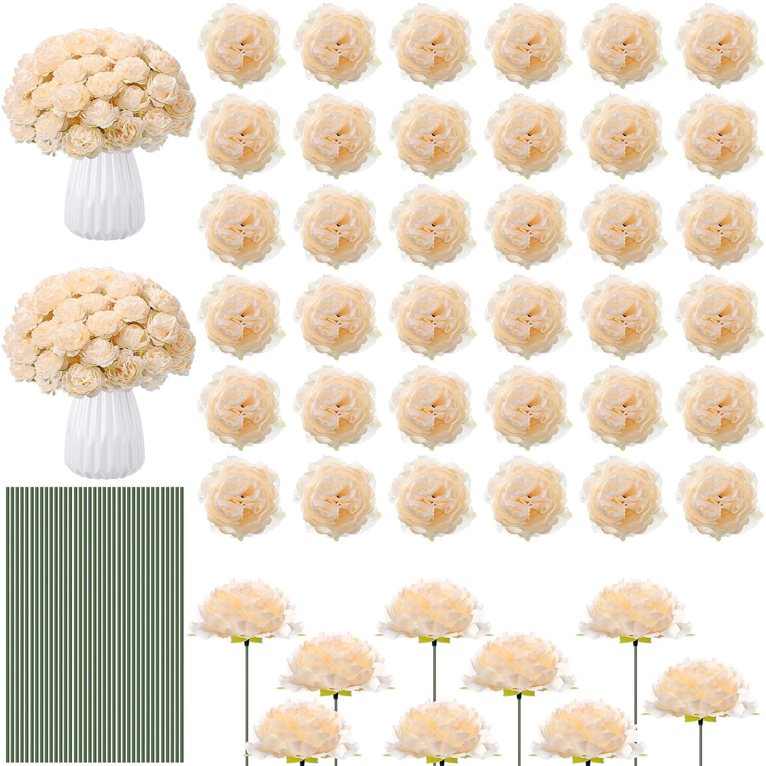 200 Pcs Flowers Long Stem Artificial Rose Bulk, 3.2 Inches Silk Rose Head Flowers Faux For Wedding Bridal Bouquet Independence Day Home Floral Diy Centerpieces Party Decoration(Champagne)