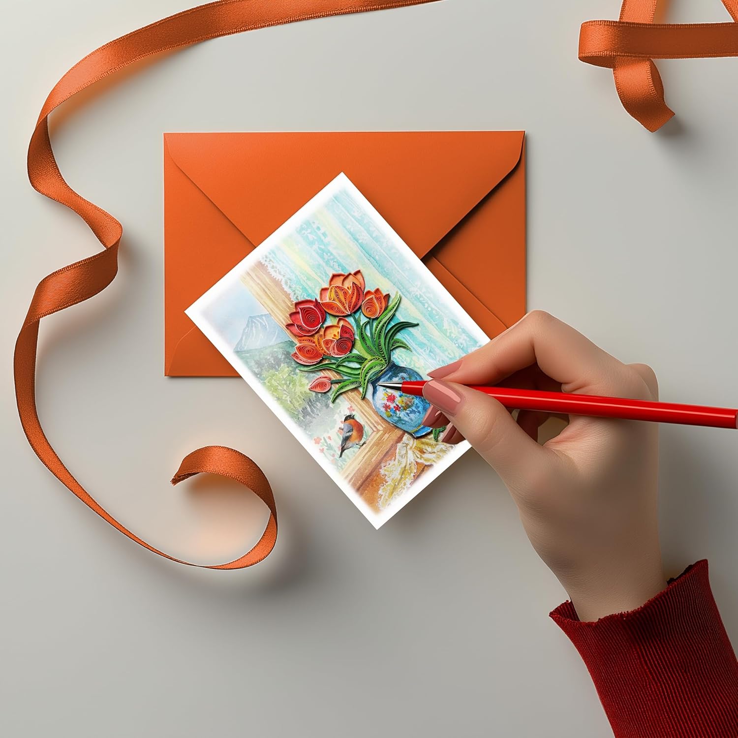 Mother Day Card, Tulip Quilling Card For Birthday, Anniversary, Watercolor Classy Cards For Mom, Women, Wife, Daughter (Tulip With American Robin)