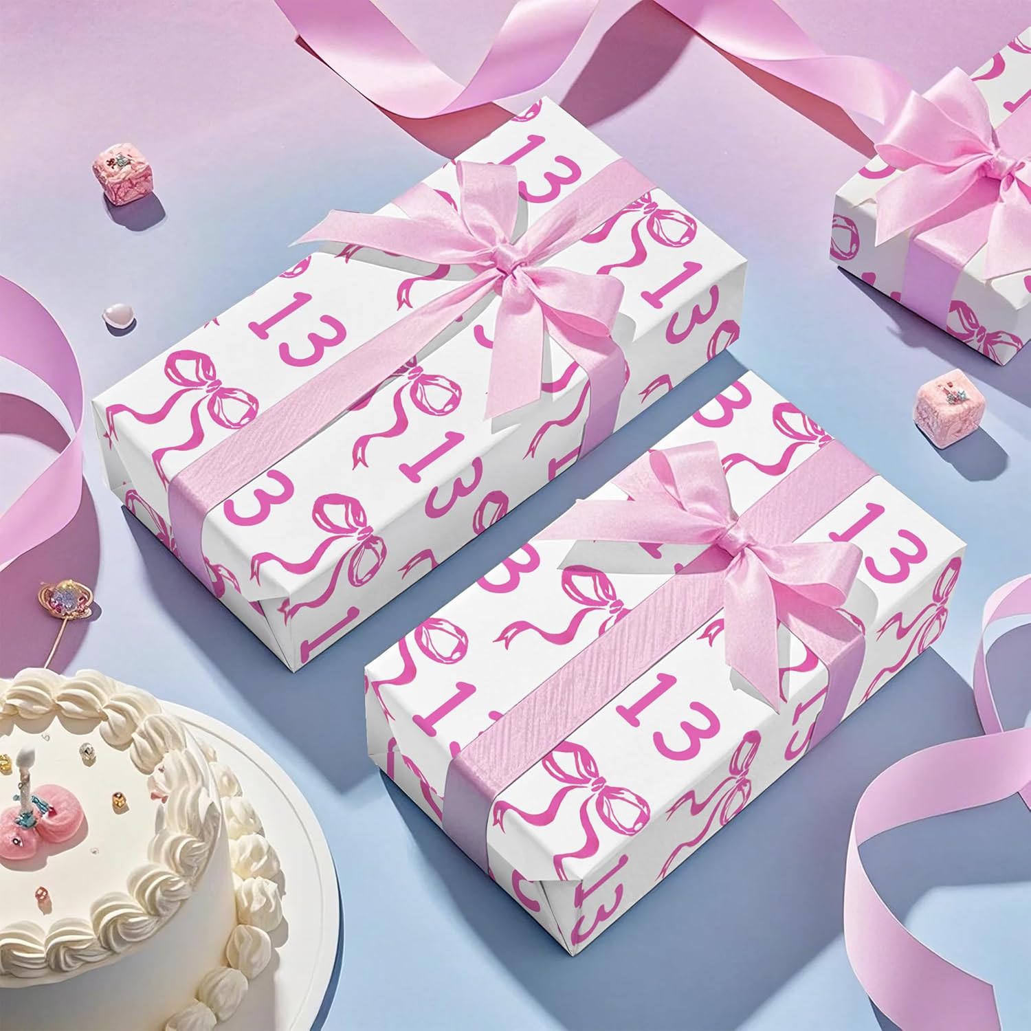 13Th Birthday Wrapping Paper Roll - Mini Roll - 17 Inch X 16.5 Feet - Pink Bow Wrapping Paper For Girls Birthday, Baby Shower, Party