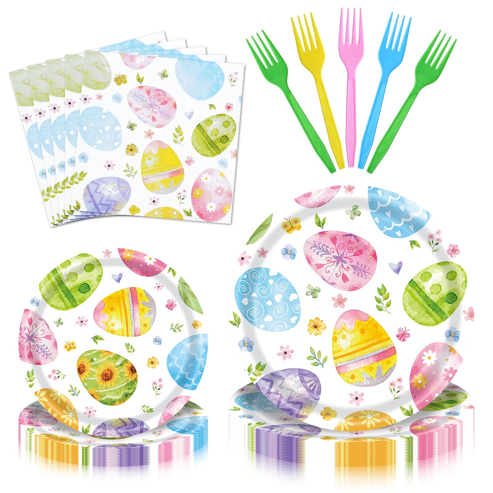 96 Pieces Easter Party Tableware Set – Colorful Egg Easter Disposable Plates, Napkins, Painted Eggs and Spring Floral Designs for Easter Parties, Egg Hunts, and Spring Celebrations – Serves 24 Guests